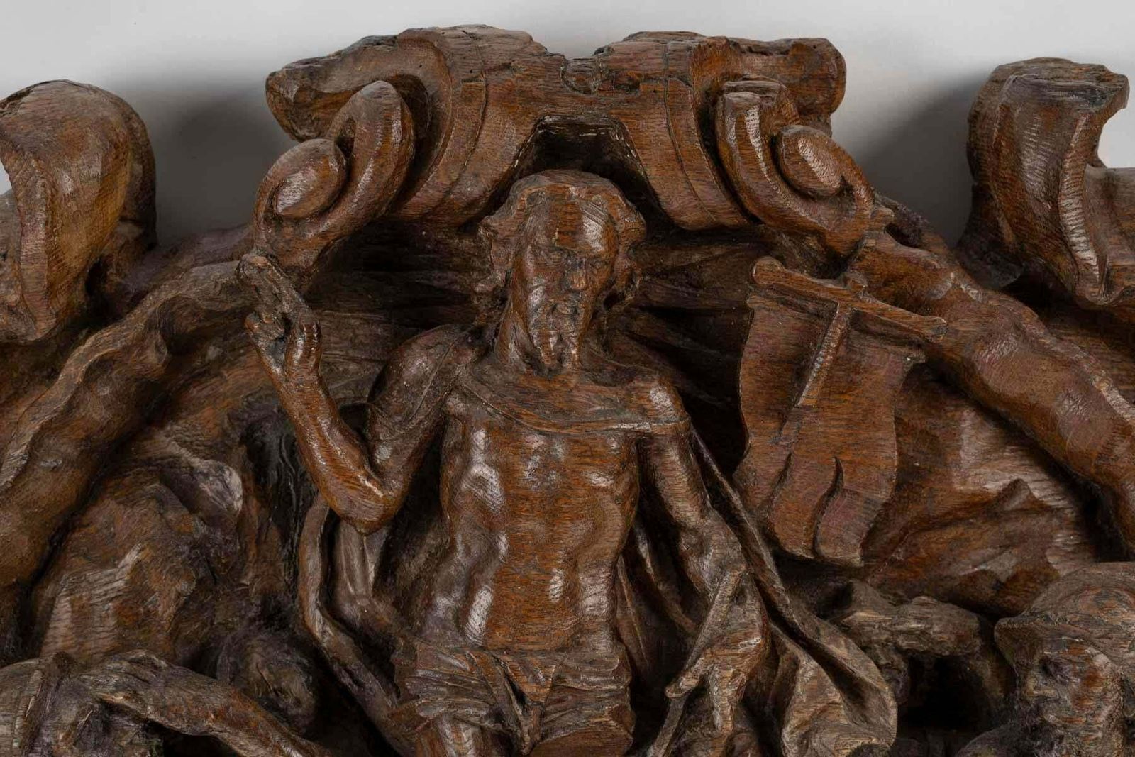 Oak Sculpture Of Christ Emerging From The Tomb, Surrounded By Roman Soldiers. photo furniture