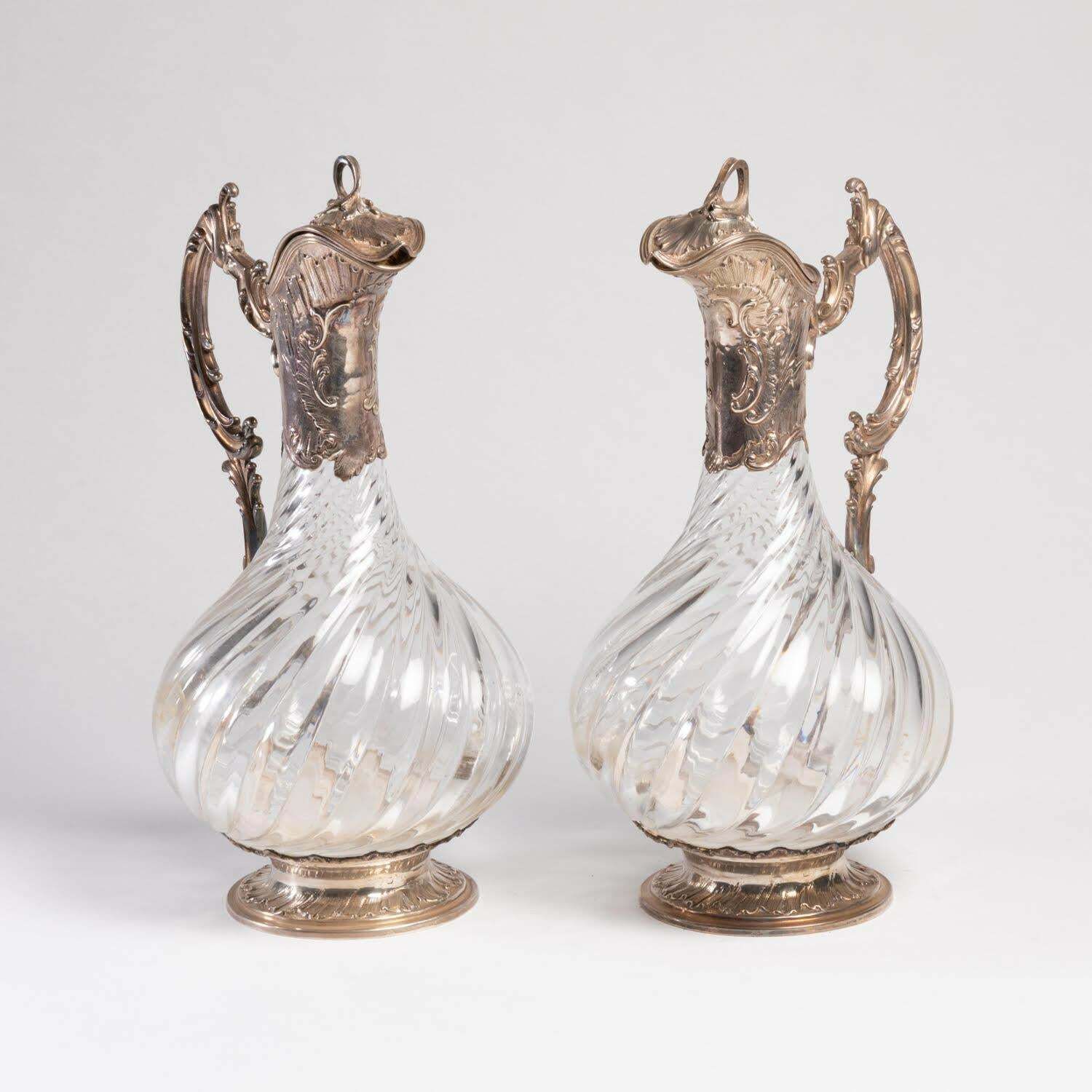 Pair Of Silver And Crystal Ewers, 19th Century, Napoleon III Period. photo for sale
