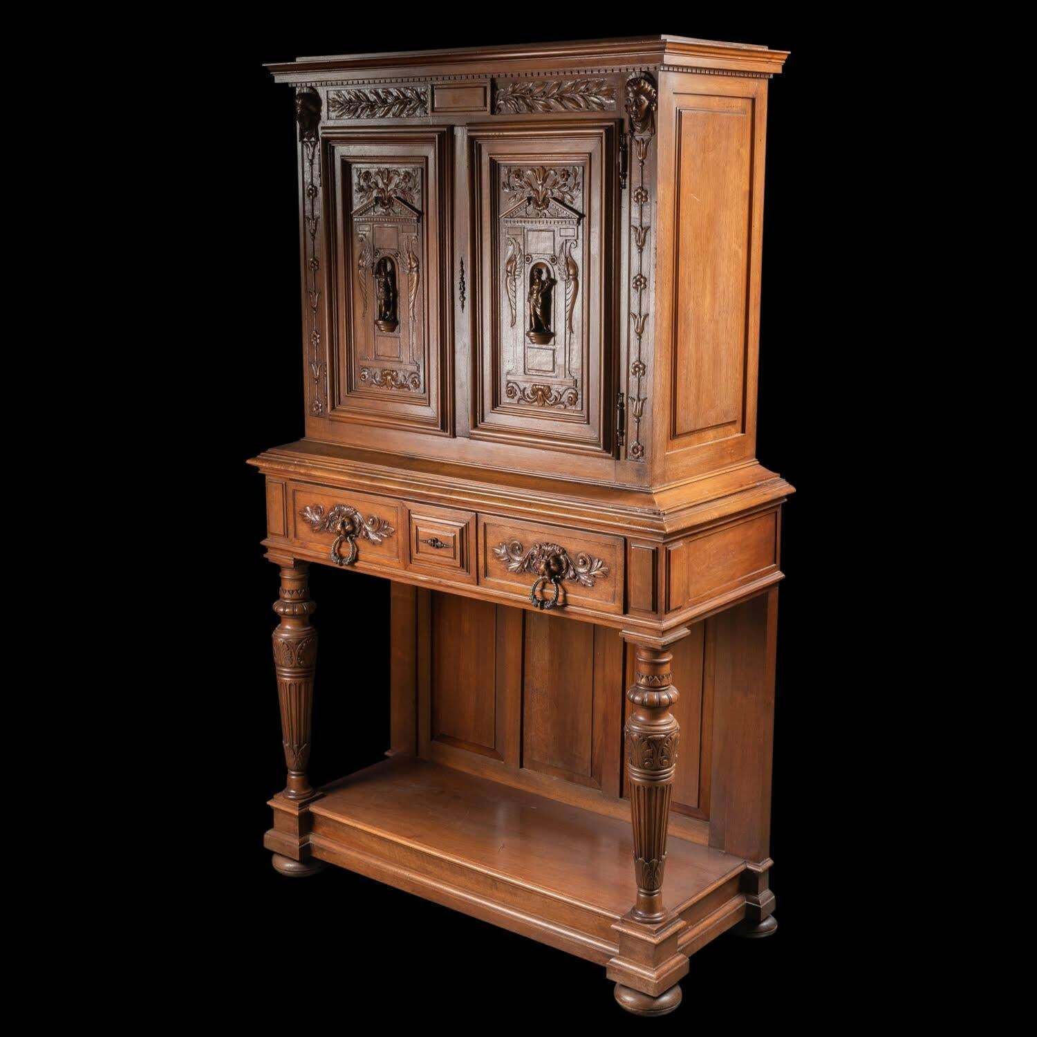 photo furniture Renaissance Style Cabinet In Carved Walnut, 19th Century.