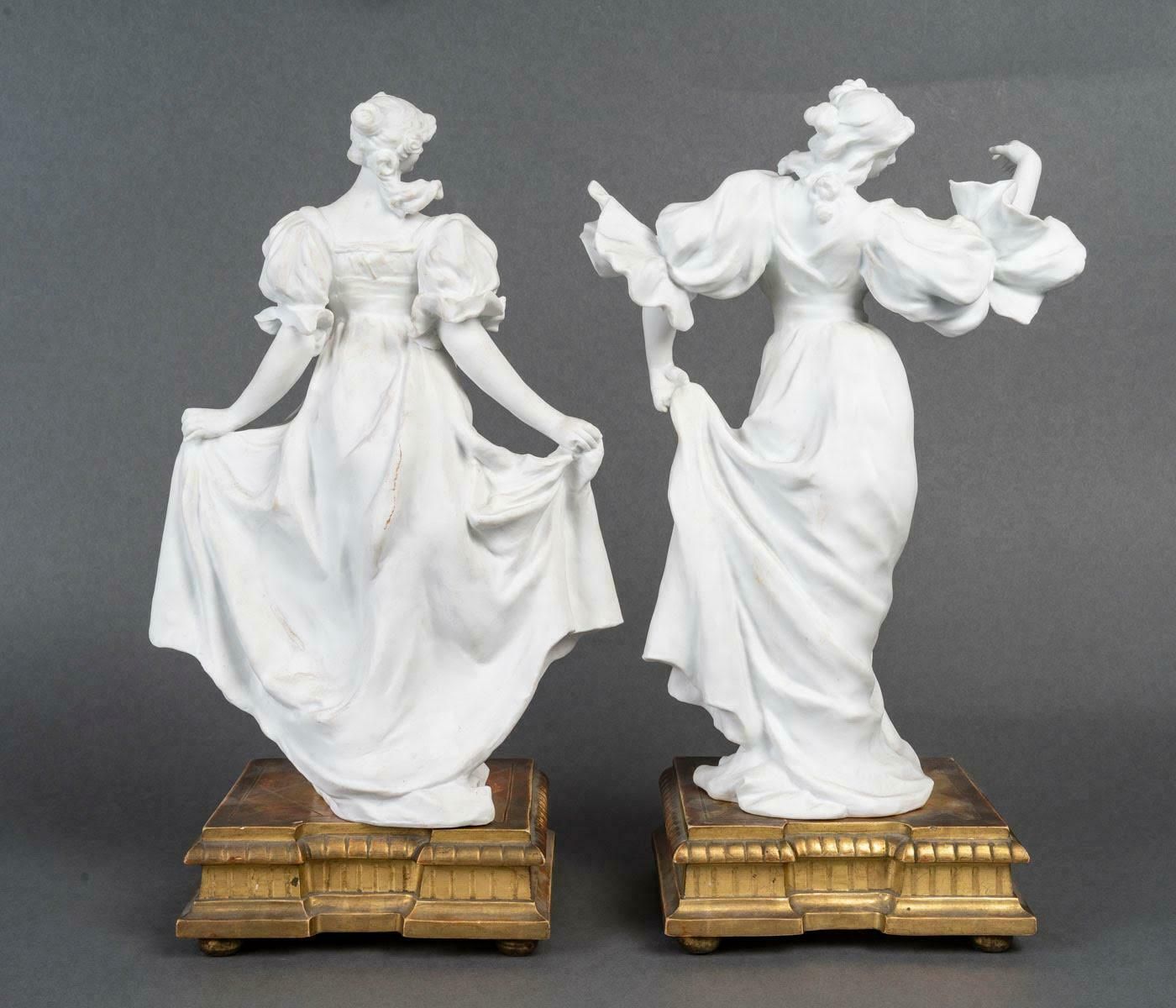 Pair Of Biscuit Sculptures, 1900, On An Attractive Gilded Carved Wood Base. photo 3905.76
