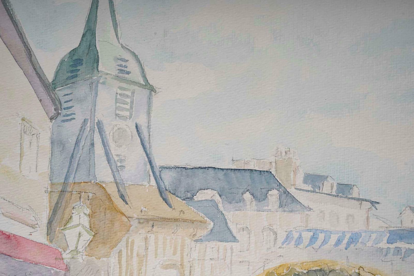 Watercolour Of A Village Church And Market, 20th Century. photo for sale
