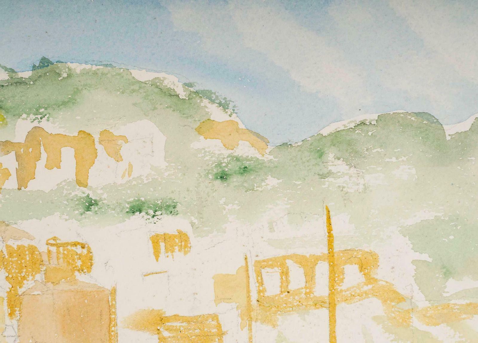 Watercolour Of A Port With Its Boats, 20th Century. photo furniture