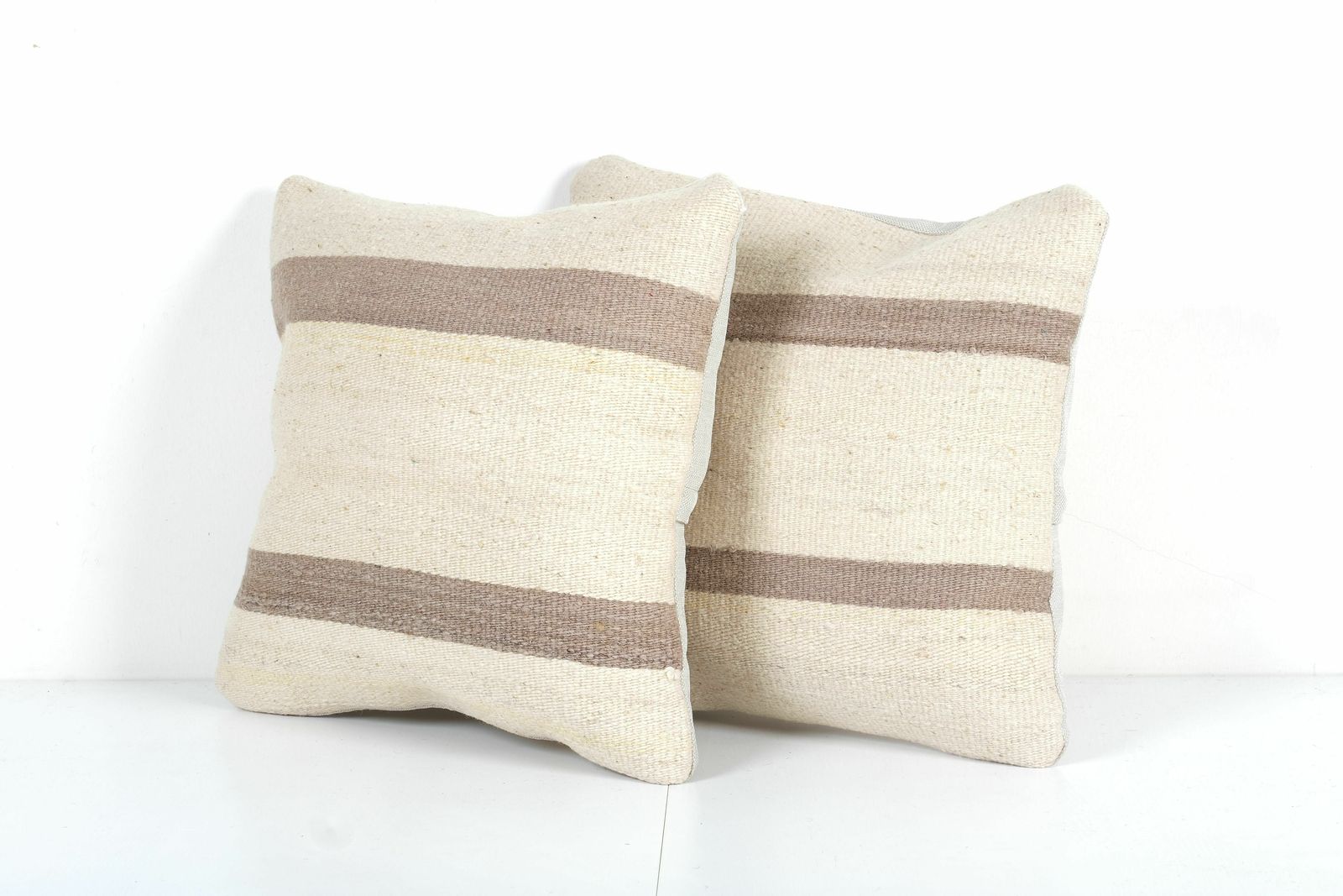 Handwoven Brown Striped Turkish Kilim Pillow, Set Of Two White Organic Floor Cover, Decorative  Pillow photo Textiles