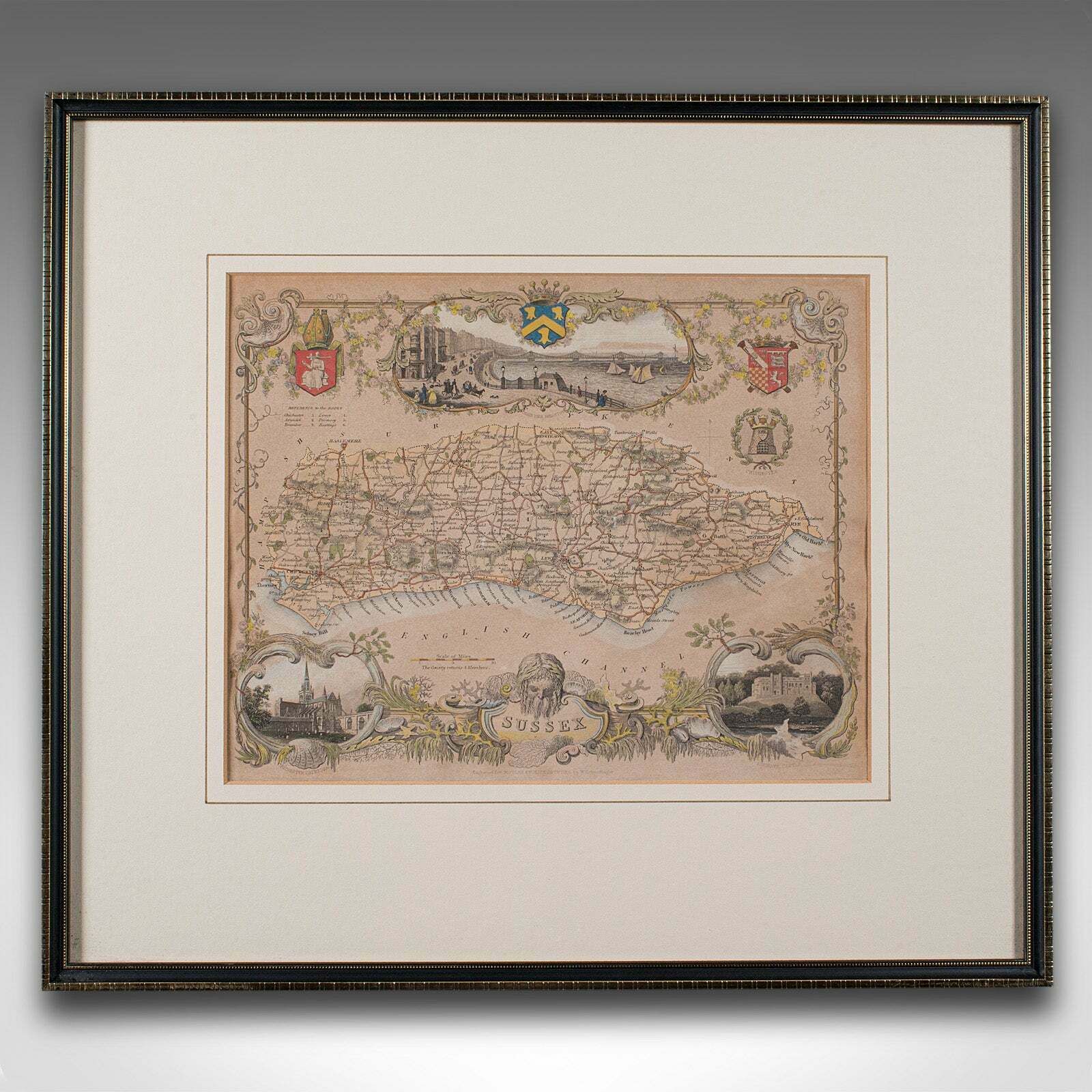 Antique County Map, Sussex, English, Framed Lithography, Cartography, Victorian photo furniture