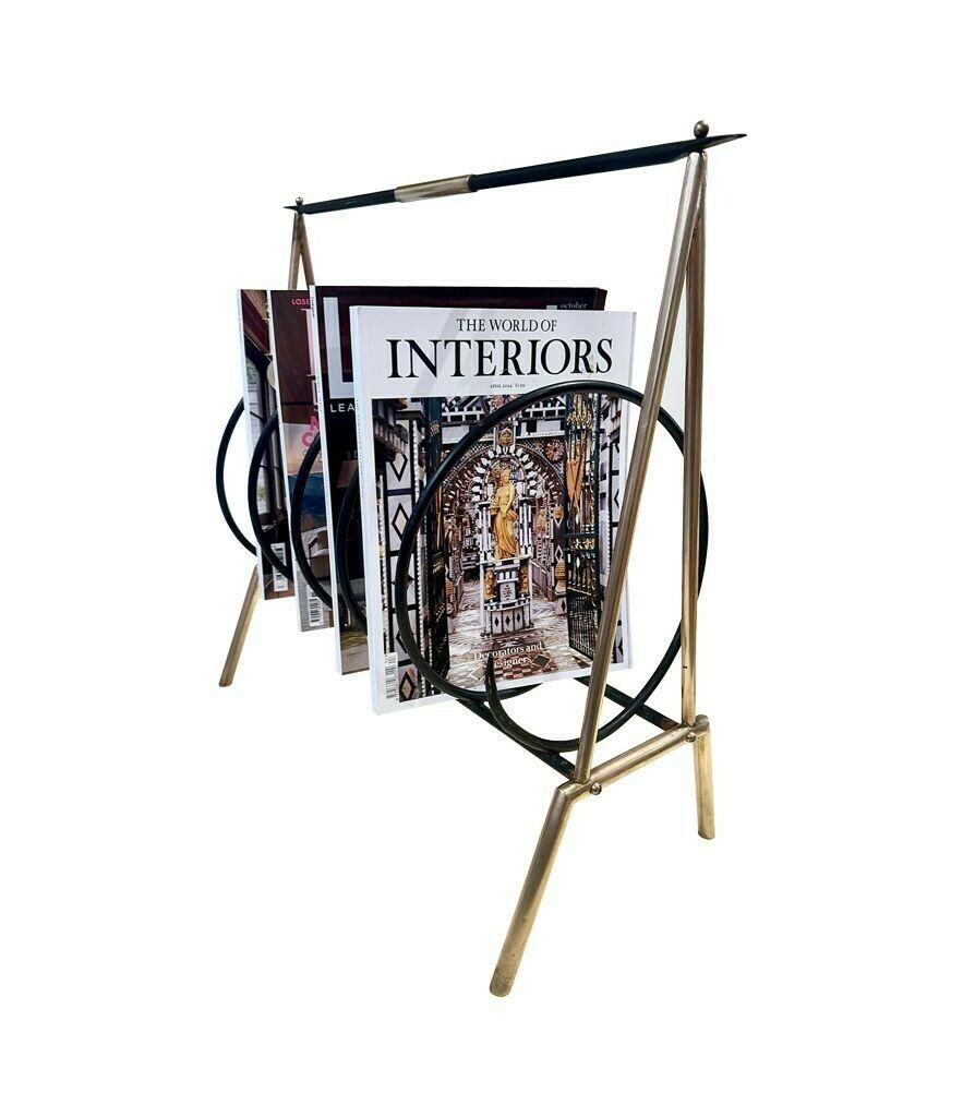 An Unusual Italian 1950s Brass And Black Lacquered Spiral Magazine Rack