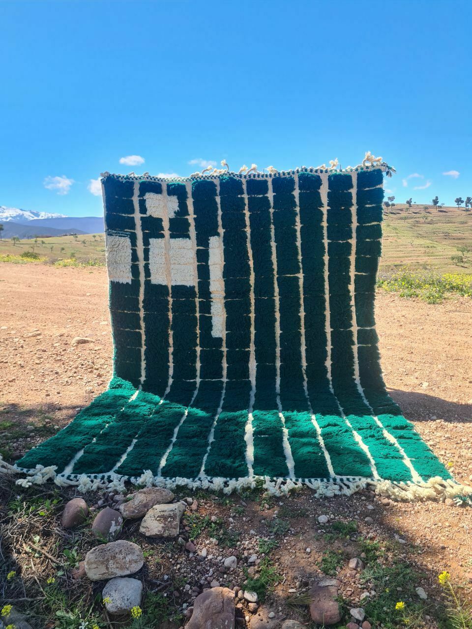 Luxurious Handwoven Green And White Moroccan Beni Ouarain Rug   Authentic Berber Carpet 300x200 Cm photo furniture
