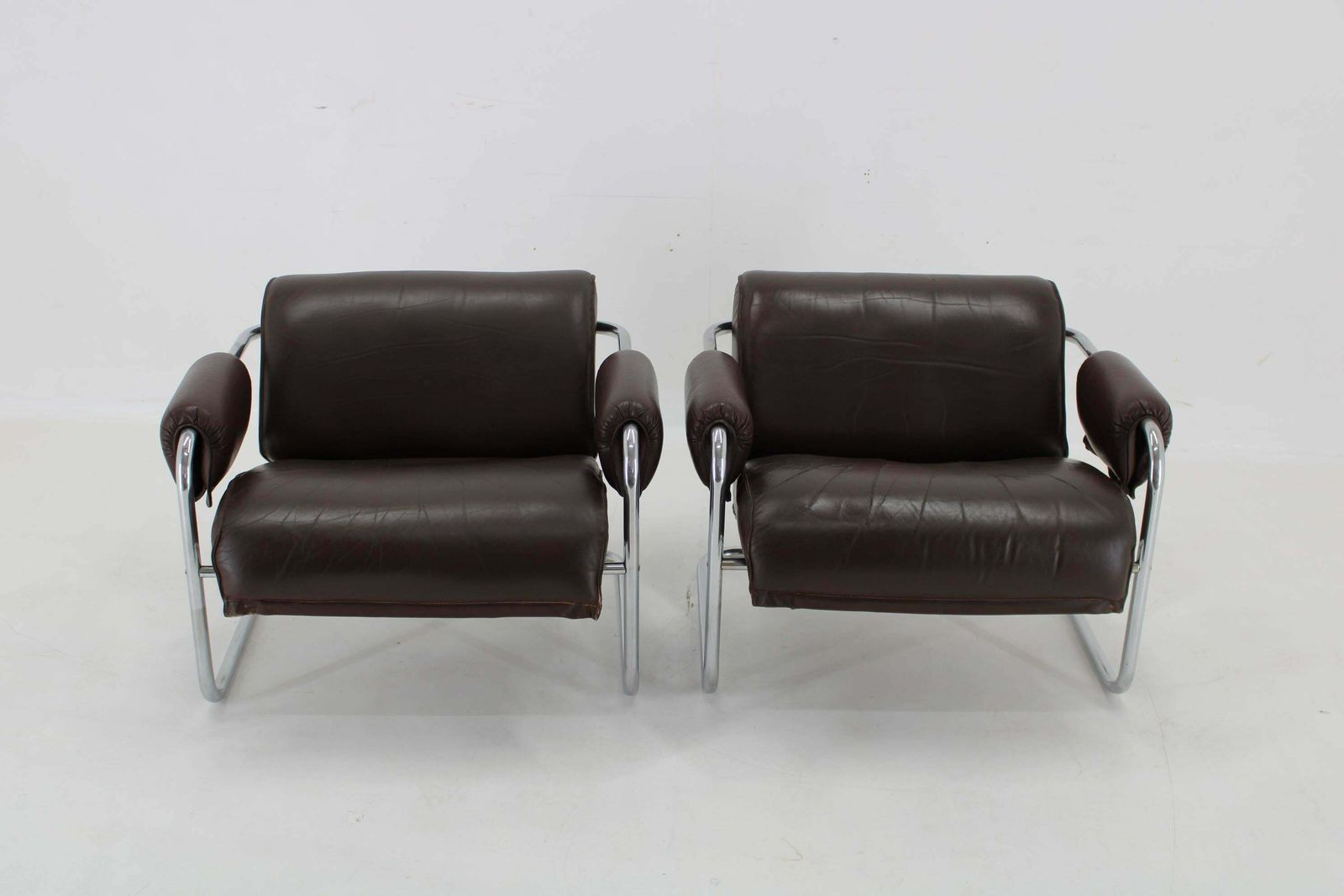 1950s Pair Of Tubular Armchairs In Leather, Czechoslovakia photo for sale