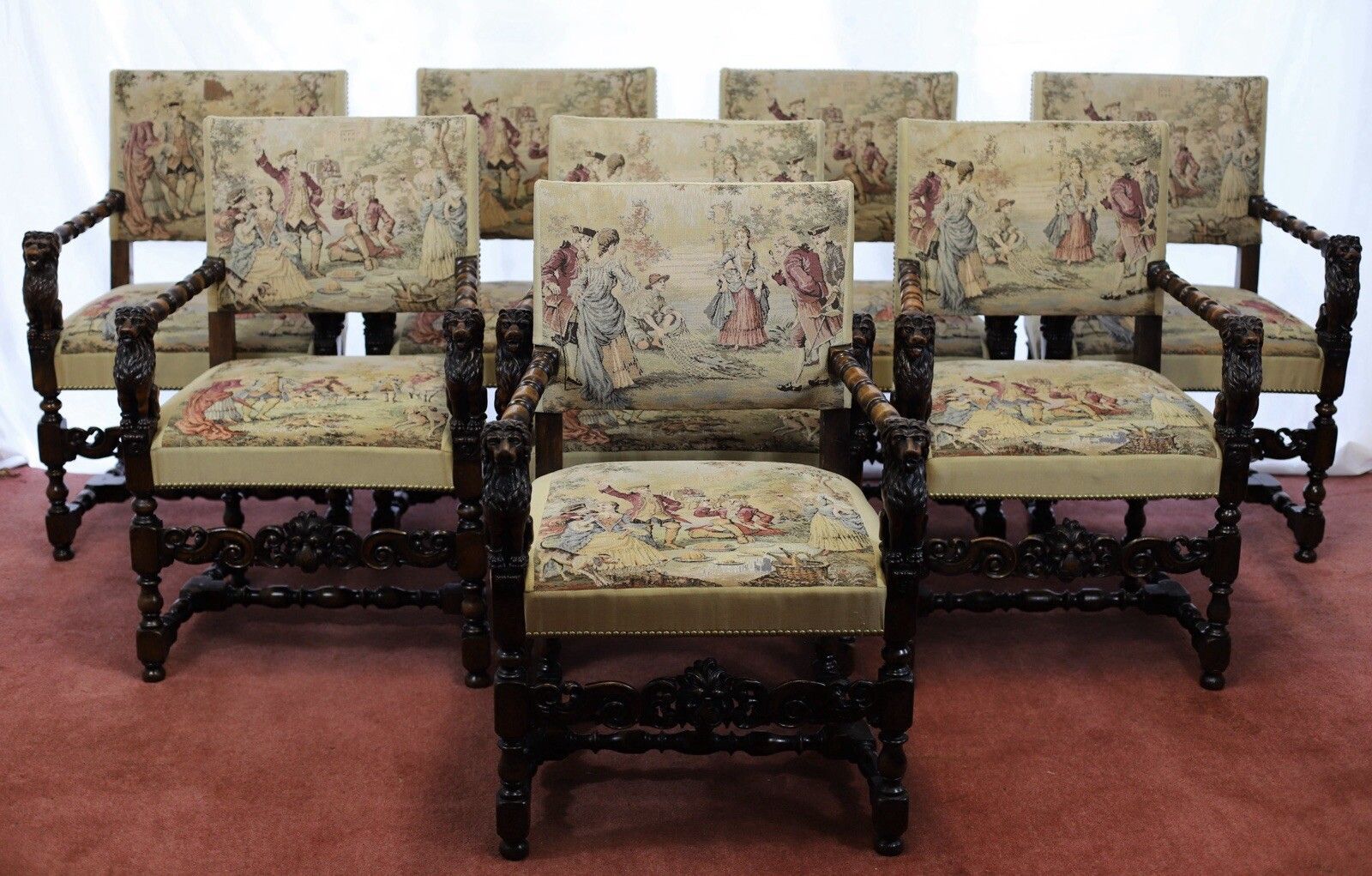 Beautiful Set Of Eight Italian Walnut Dining Armchairs In Renaissance Style photo furniture