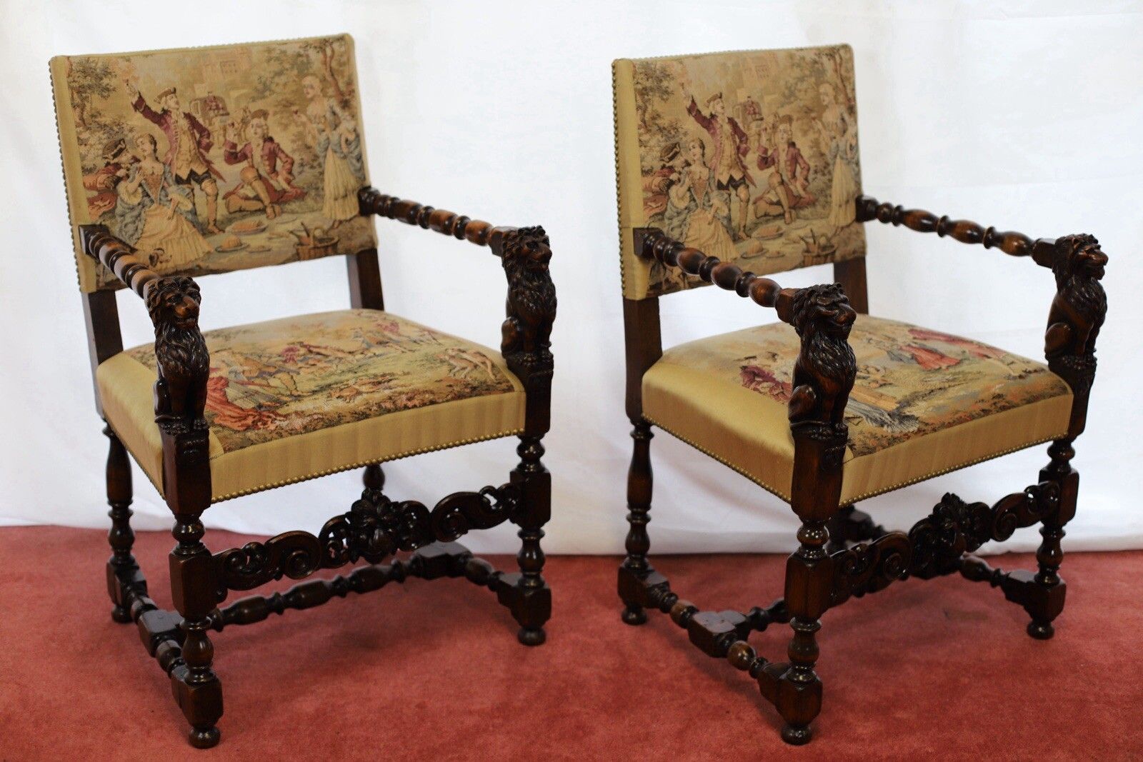 Beautiful Set Of Eight Italian Walnut Dining Armchairs In Renaissance Style photo 15000.0