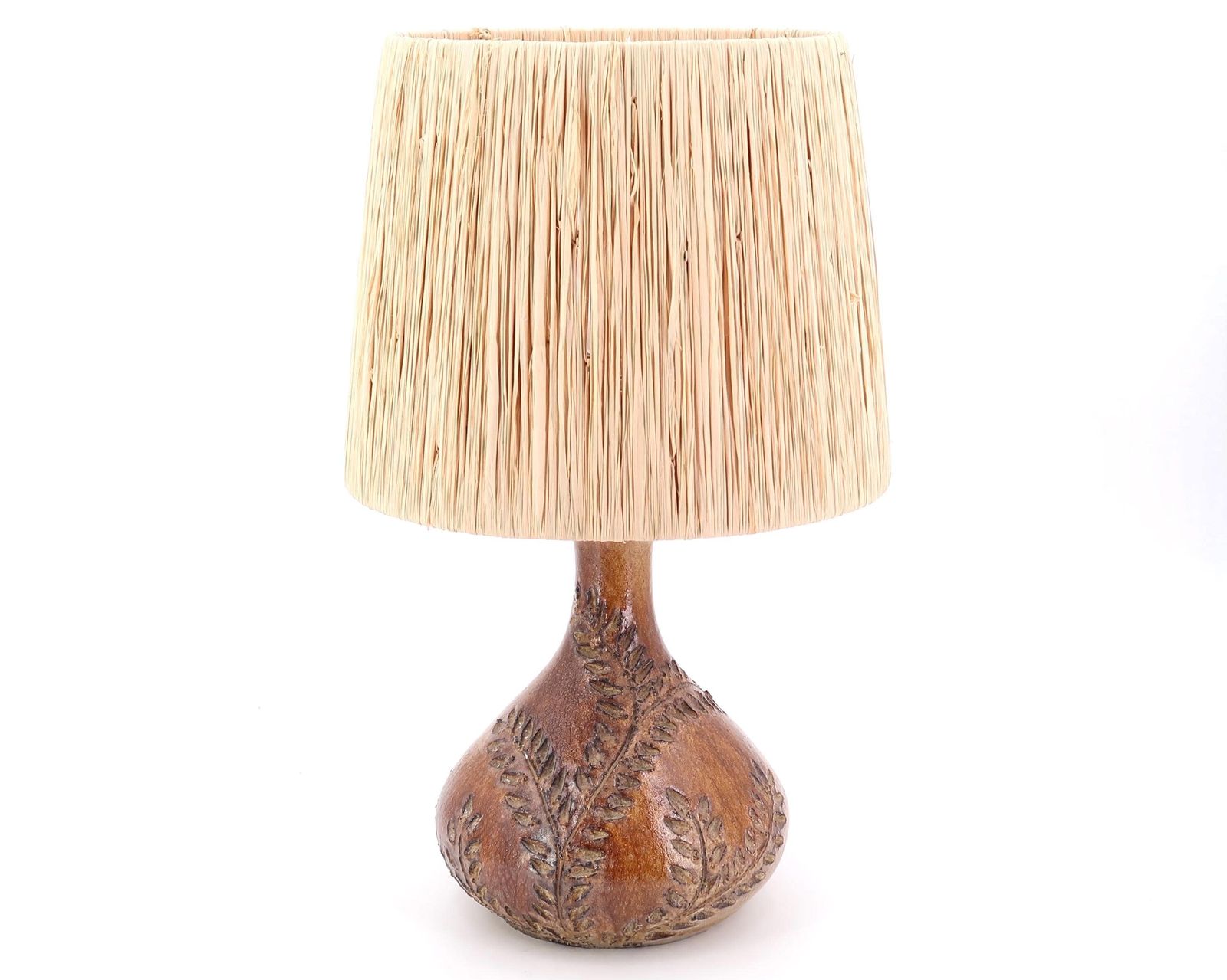 French Ceramic Table Lamp By Sésame Vallauris, Floral Decor, Raffia Lampshade, 1970s / Boho Chic, Folk, Country Decor, Home photo for sale