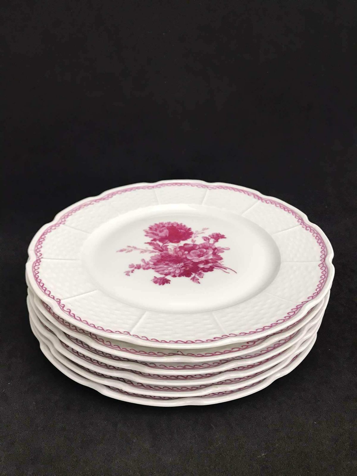 Porselein Limoges Set Van 6 Raynaud & Co Fuchsia Bloemen Roze Romantisch Entremets Salade Dessertborden Wit Frans Vintage Bruiloft Luxe photo vintage