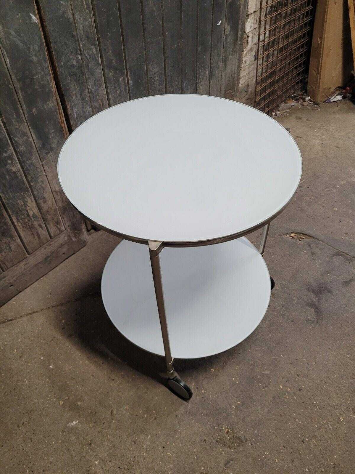 Vintage Ikea Strind White Glass & Metal Rolling Side Table photo 299.0