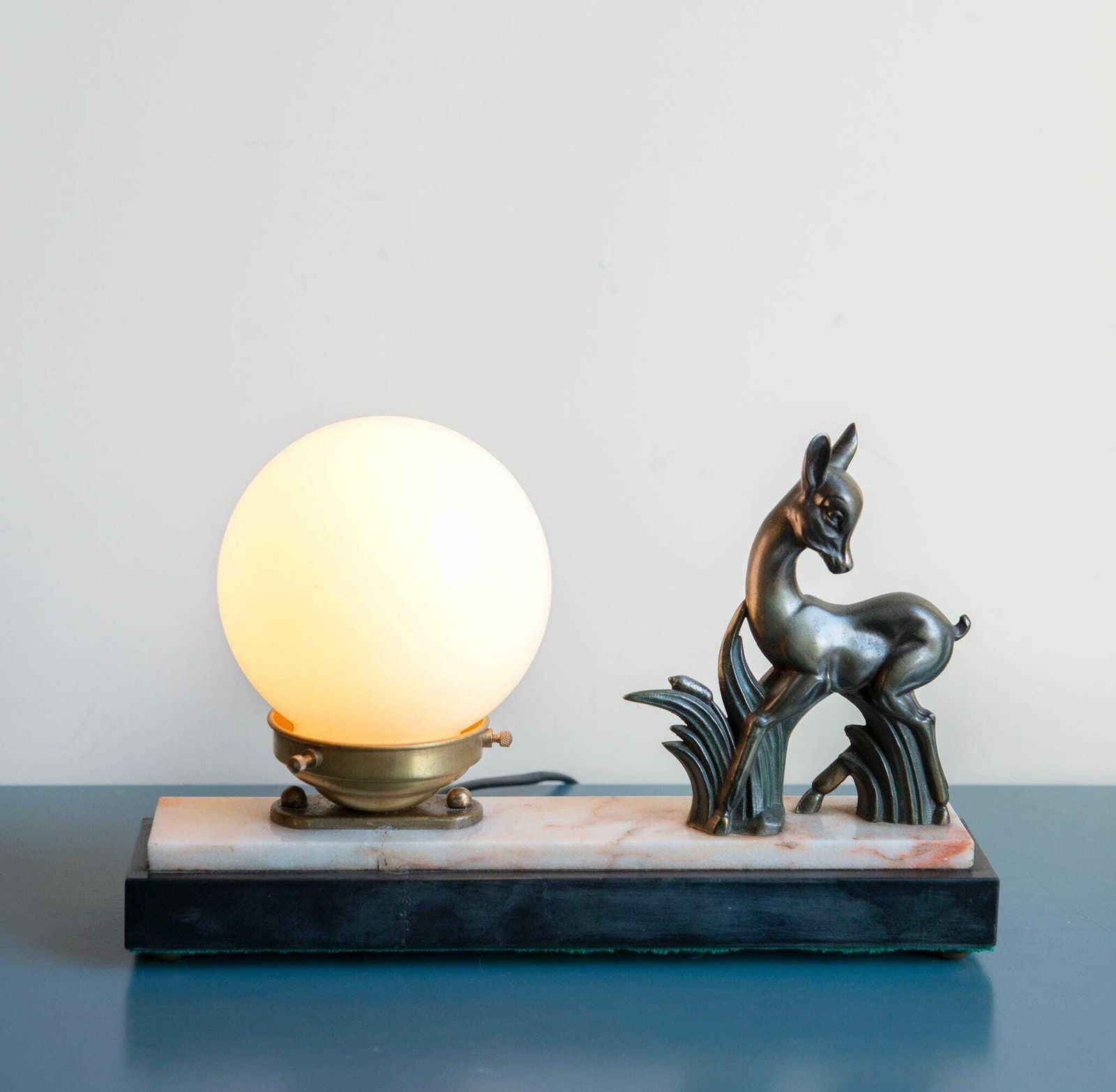 Art Deco Copper Deer Lamp, Marble Base, French Milk Glass Globe Lamp, Decorative Antique Table Lamp, 1930s