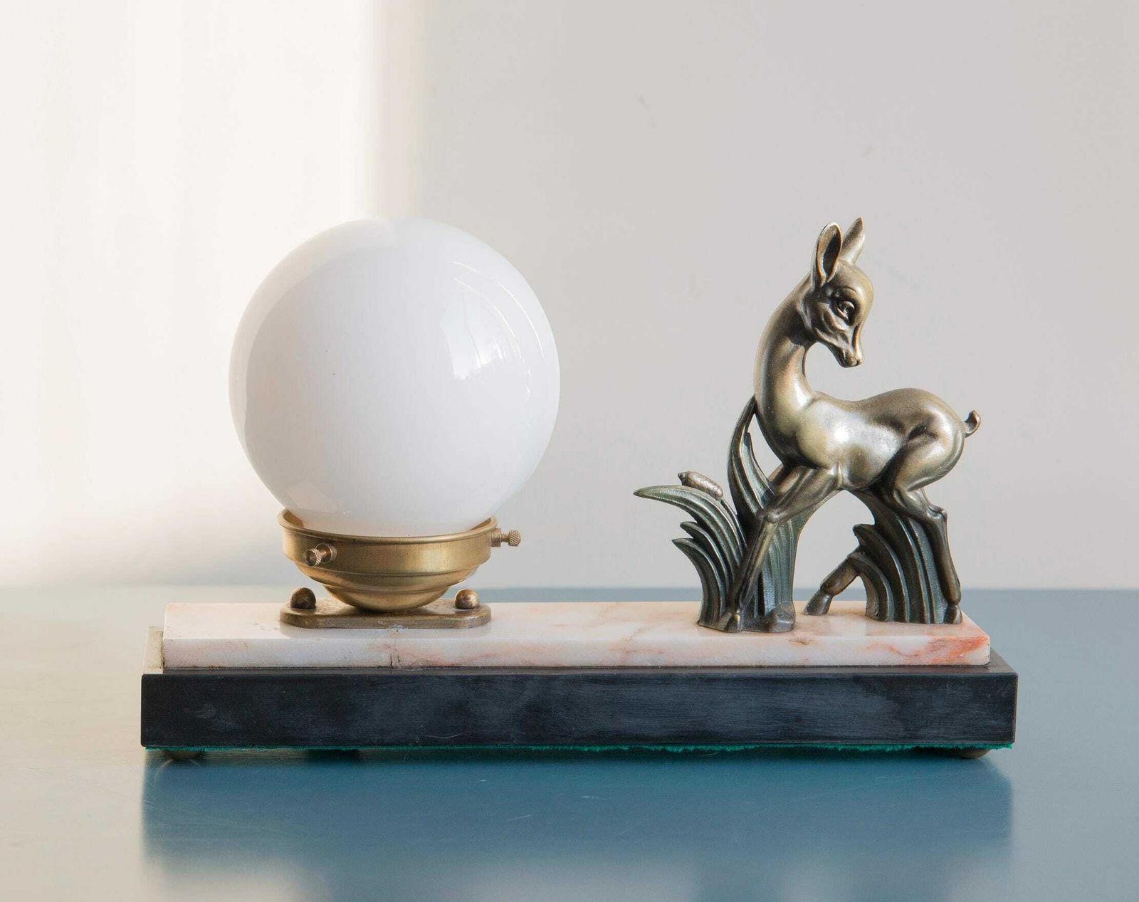 Art Deco Copper Deer Lamp, Marble Base, French Milk Glass Globe Lamp, Decorative Antique Table Lamp, 1930s photo Lighting