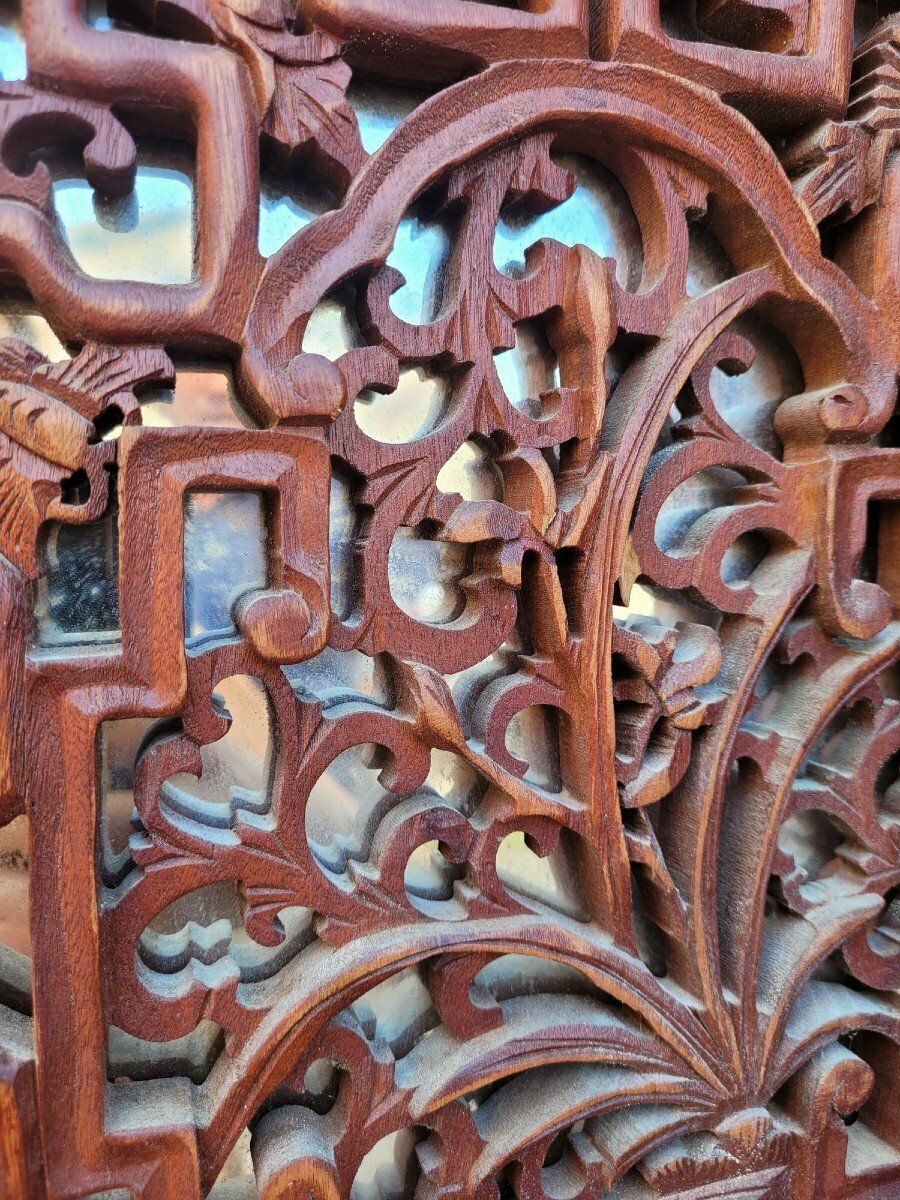 photo furniture Large Carved Wooden Screen And Mirror, Asia, 20th Century
