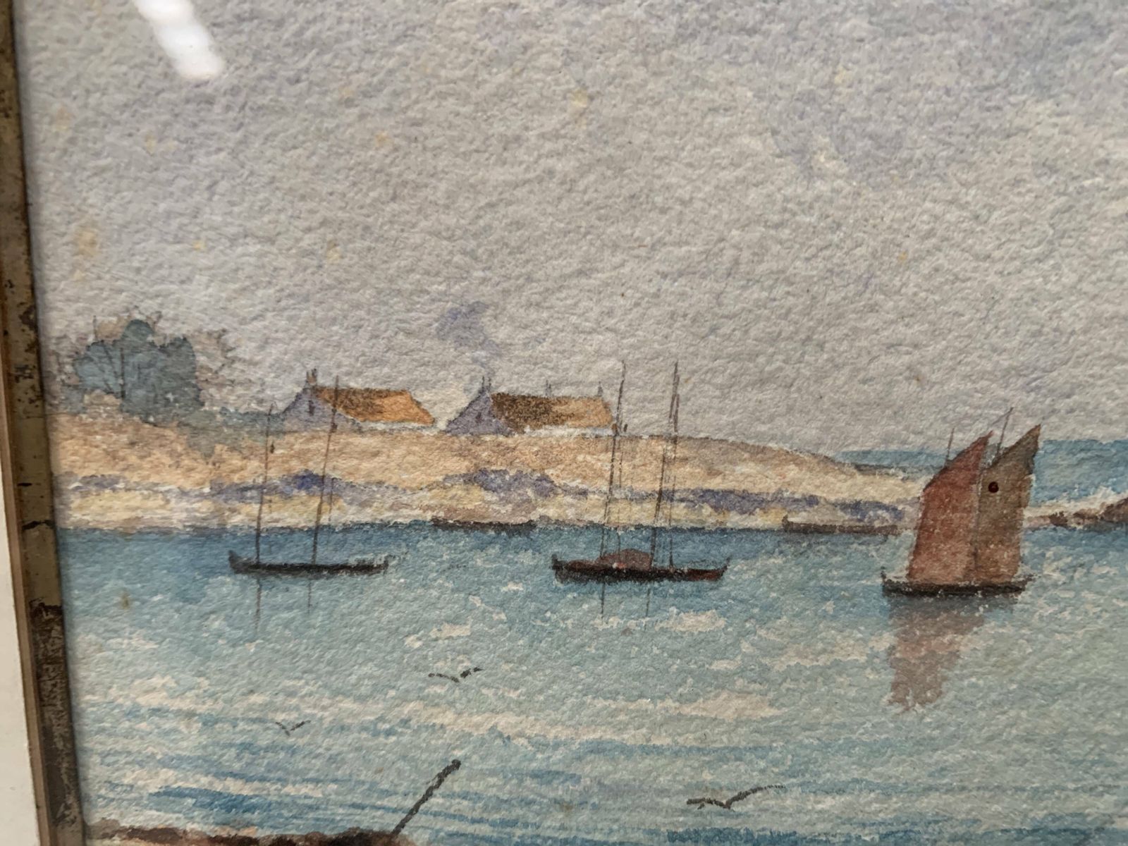 Marine Watercolor "Sailboat At Sea And Stranded On The Beach" 20th Century photo vinterior