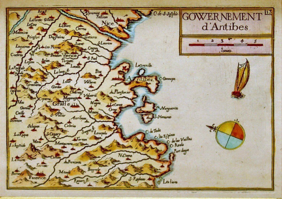 Rare Engraving Map Of The Government Of Antibes   Ep. 17th (Circa 1635) photo for sale