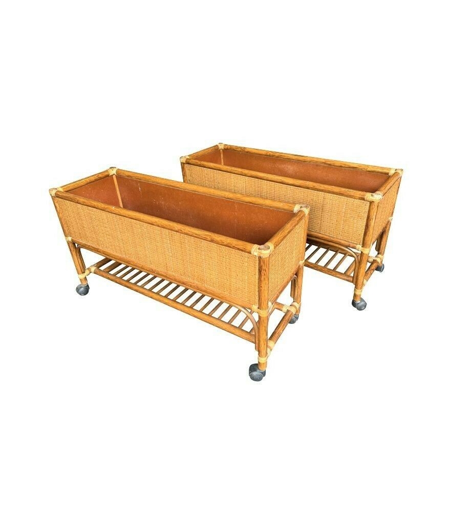photo for sale A Pair Of Italian 1970s Bamboo And Rattan Planters On Castors