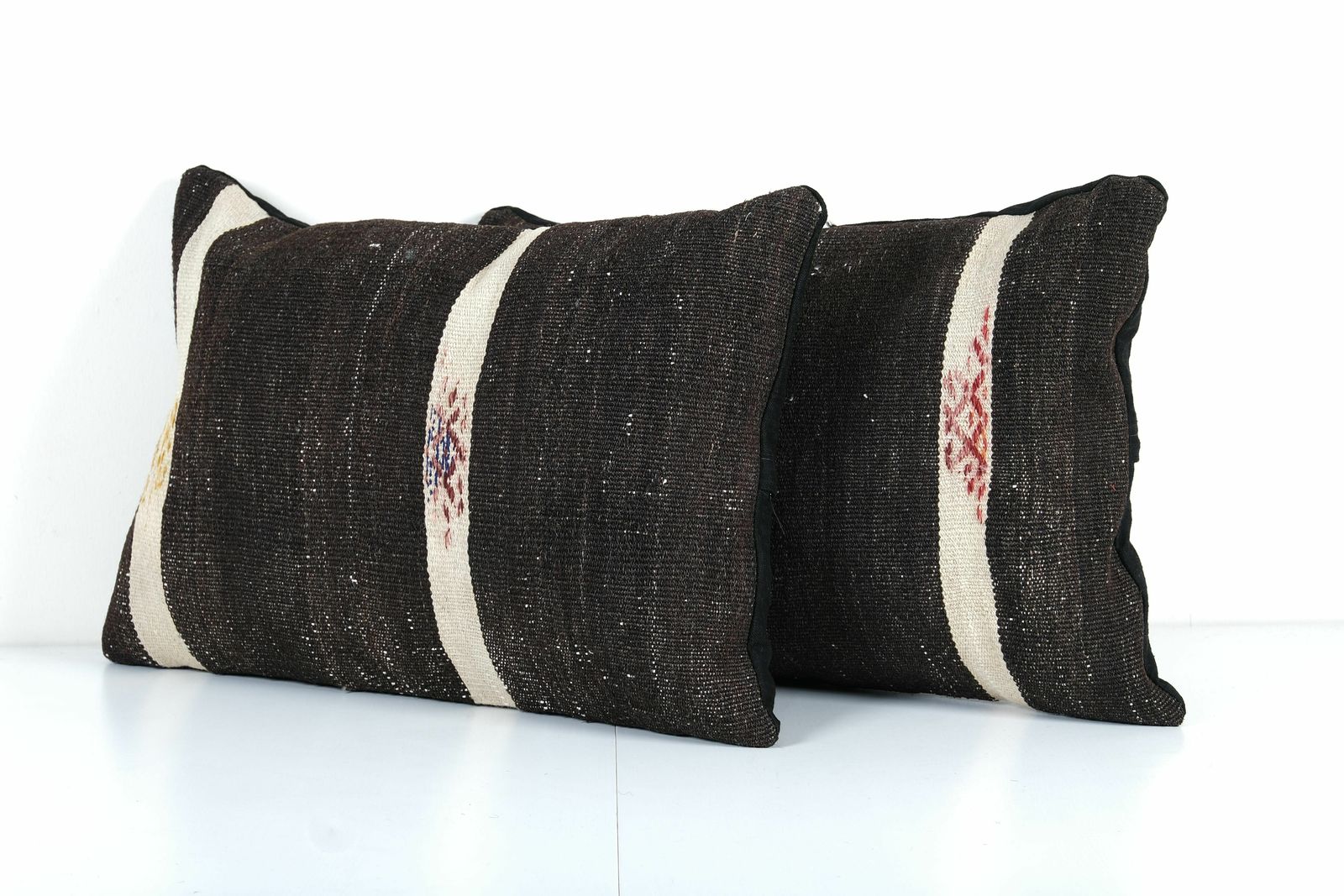 Striped Pillow Cases Fashioned Out Of A Mid 20th Century Anatolian Kilim, Set Of Two Lumbar Turkish Kilim Pillow Cover photo Textiles