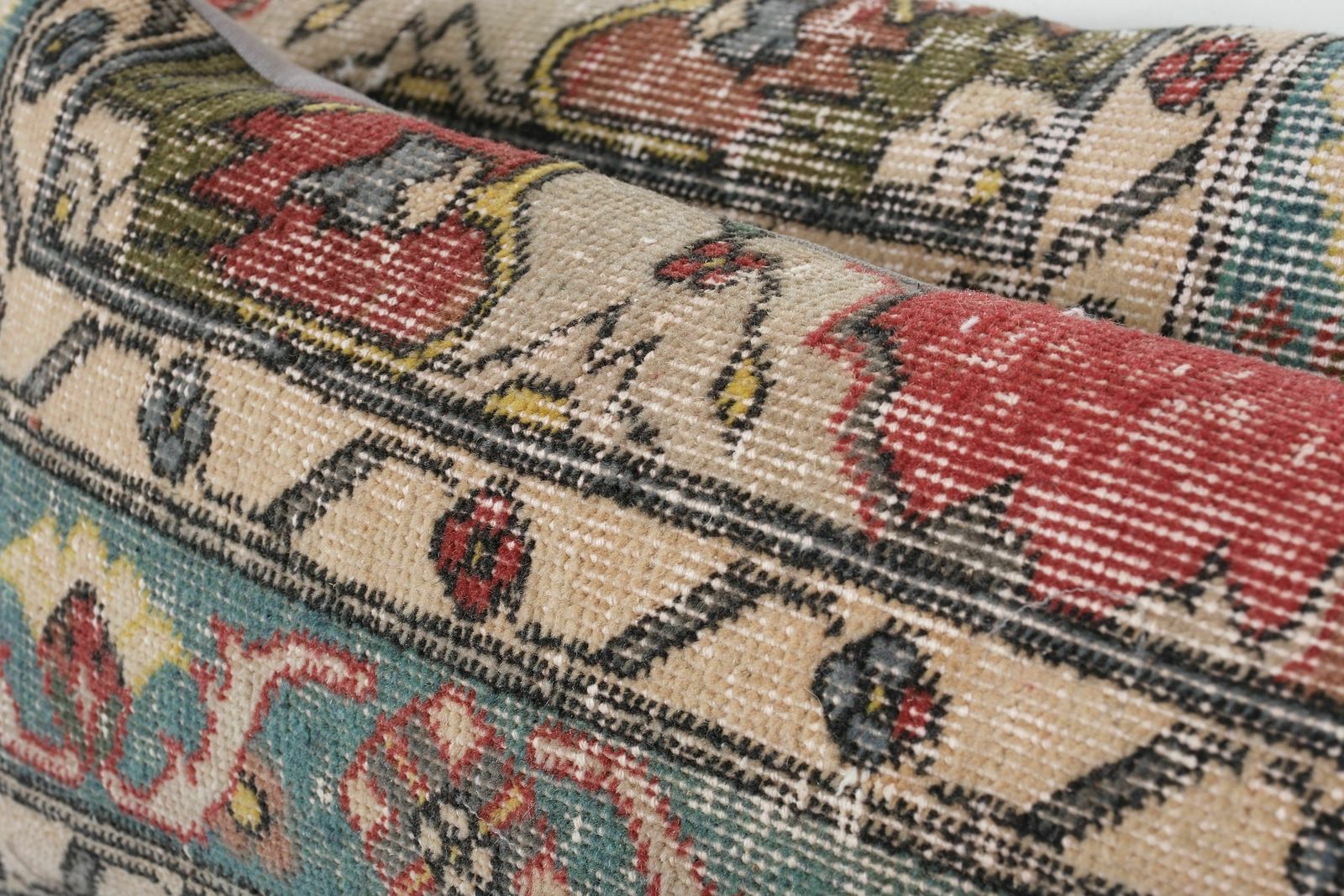 Faded Blue Lumbar Pillow, Faded Red Turkish Lumbar Pillow, Muted Ethnic Anatolian Carpet Cover, Oushak Pillow photo Textiles