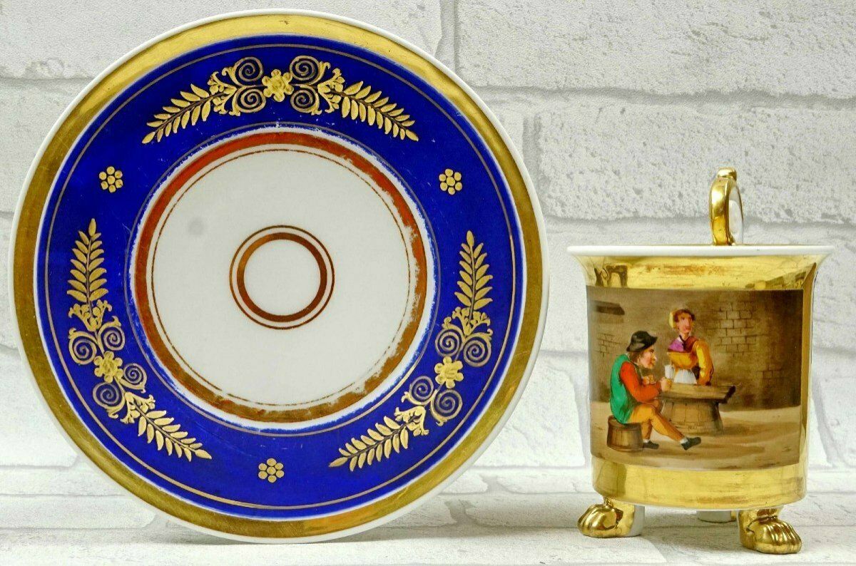 Large Tripod Chocolate Cup And Saucer In Paris Porcelain   Early 19th Century photo vintage
