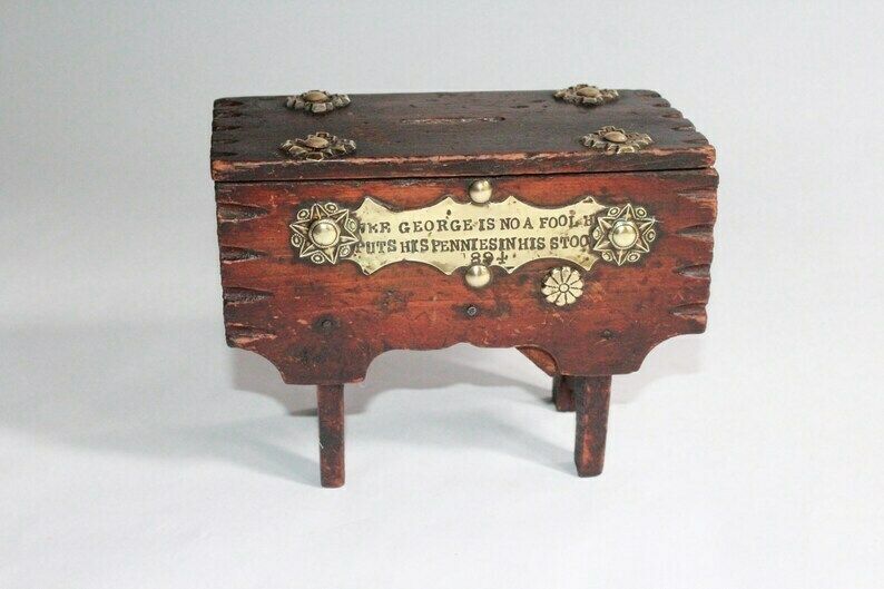 Antique Money Box 1894, Including Victorian Pennies. Unique Gift. photo furniture