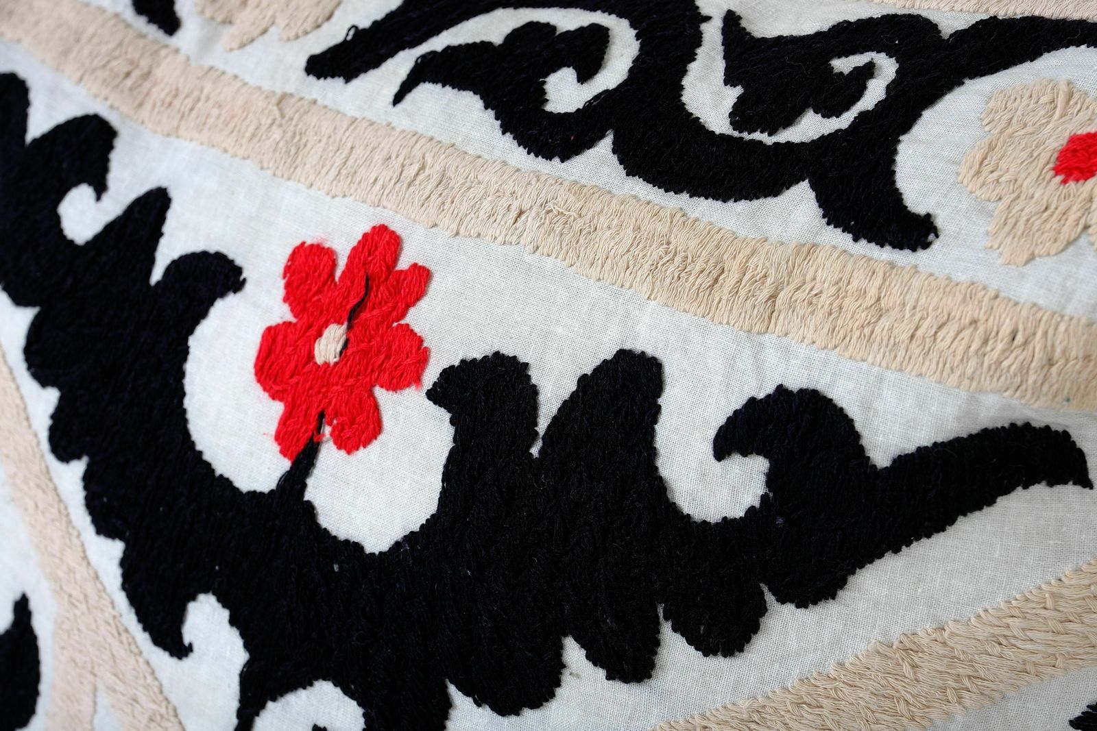 Uzbek Faded Black Suzani Cushion Cover, Set Of Two Cream Suzani Pillow Case Made From A 19th Century Textile photo for sale