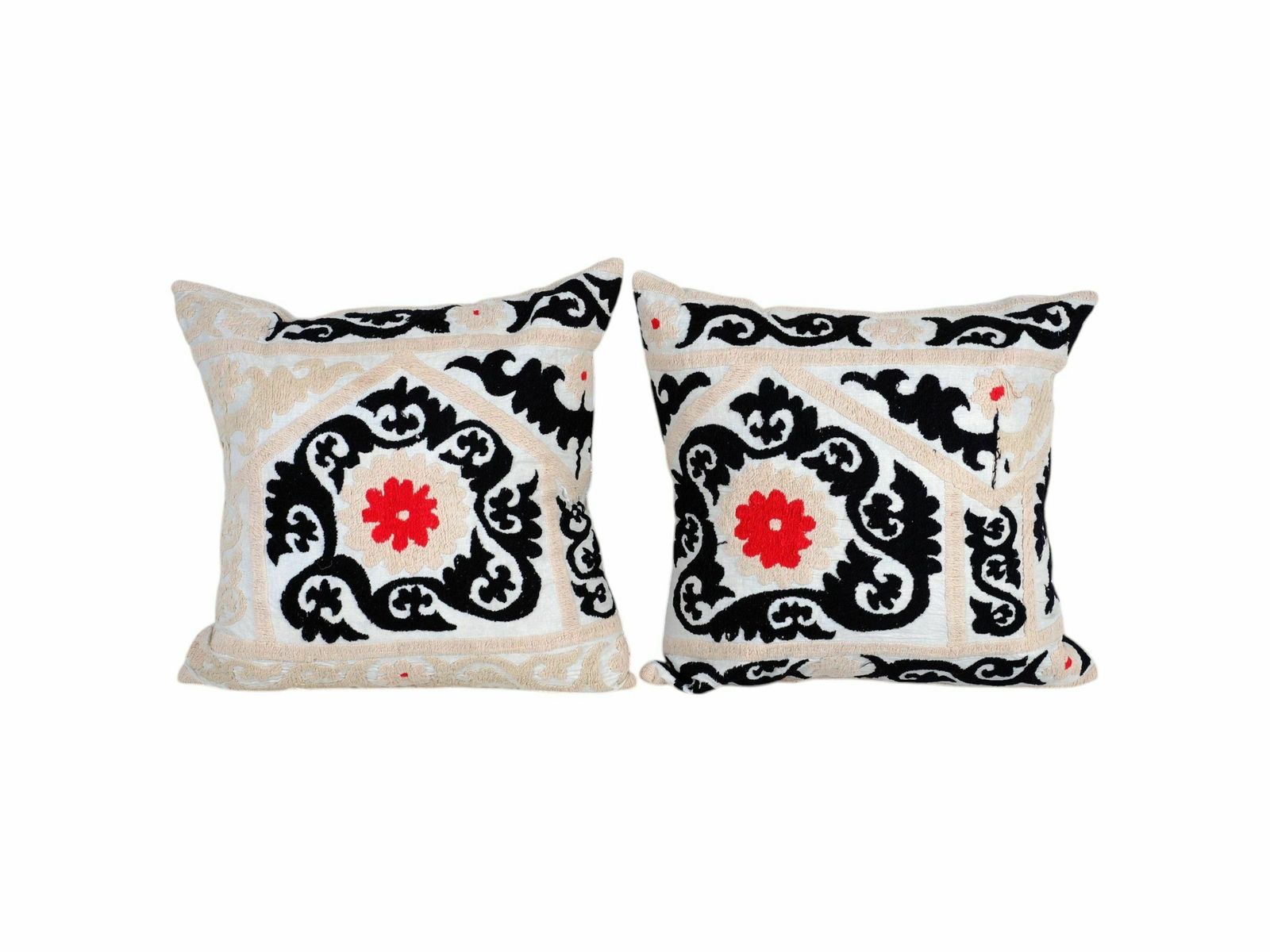Set Of Two Beige Suzani Cushion Cover, Suzani Pillow Case Made From A 19th Century Suzani, Pair Black Uzbek  Cover photo buy