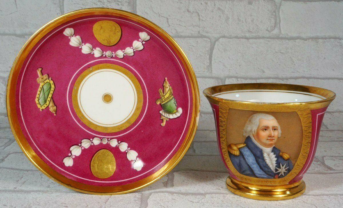 Large Chocolate Cup And Saucer In Paris Porcelain Representing King Louis XVIII photo buy