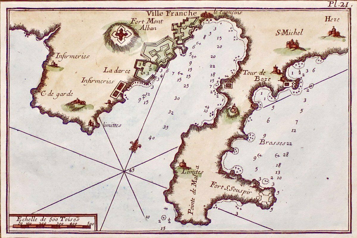 Rare Engraving Of A Marine Chart   Plan Of The Bay Of Villefranche Sur Mer   18th Century photo for sale