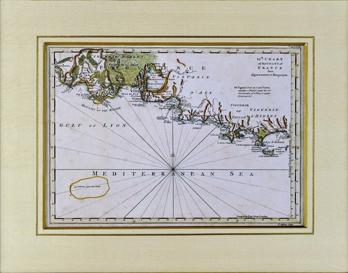 Engraving Of A Marine Chart Of The Mediterranean Sea   Golf Du Lyon From Aiguemortes To Hyères   18th Century photo Art