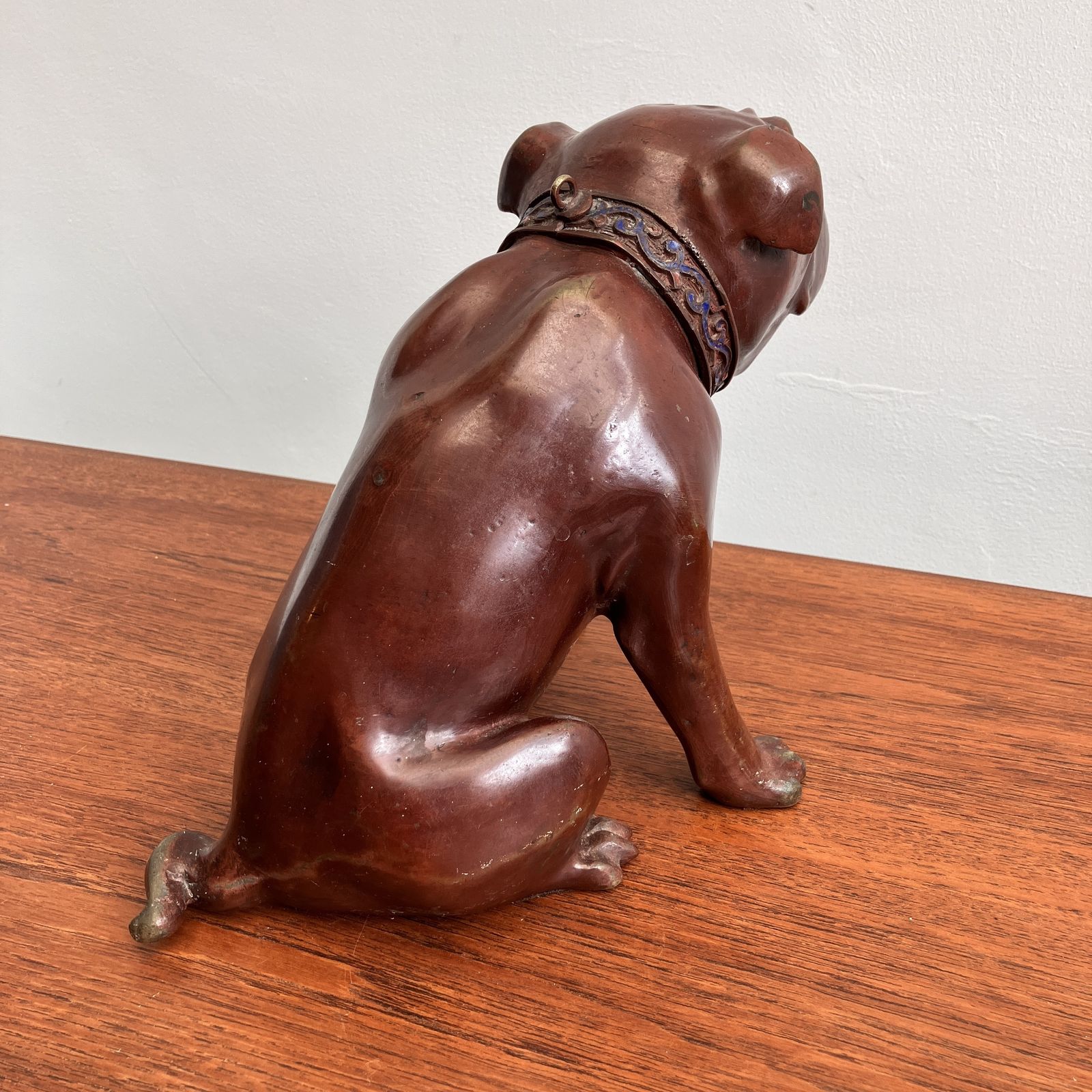 A Vintage Patinated Bronze Bulldog Sculpture 24cm Tall With Cold Painted Blue And Red Collar photo 675.0