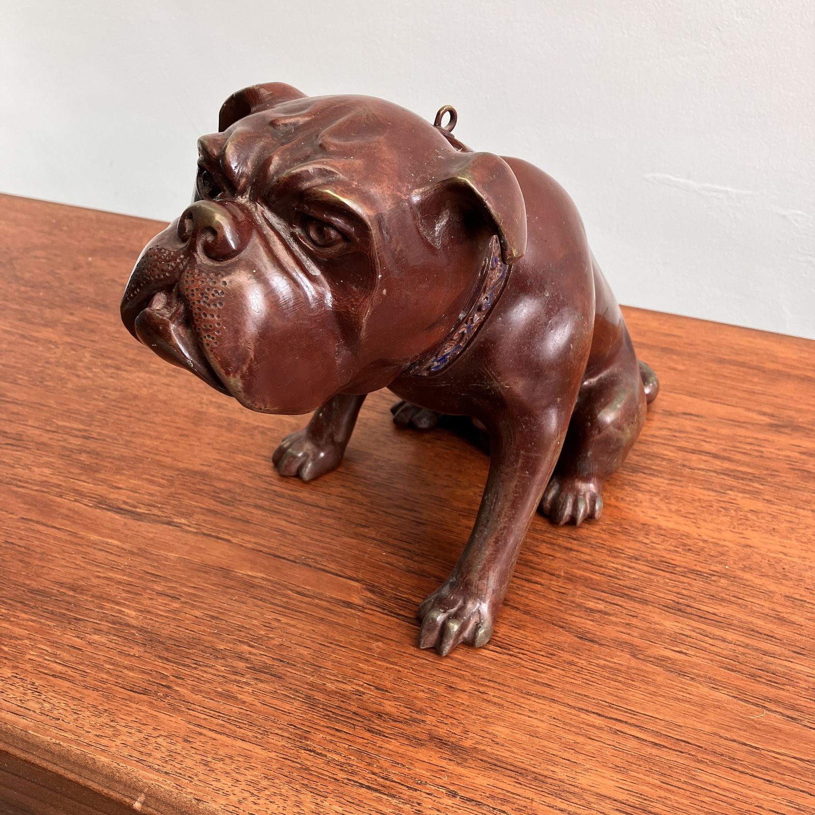 A Vintage Patinated Bronze Bulldog Sculpture 24cm Tall With Cold Painted Blue And Red Collar photo buy