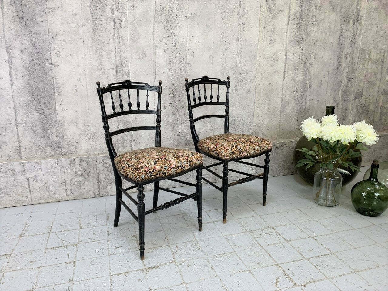 Pair Of Decorative Ebonised Napoleon III Hand Painted Bedroom Chairs