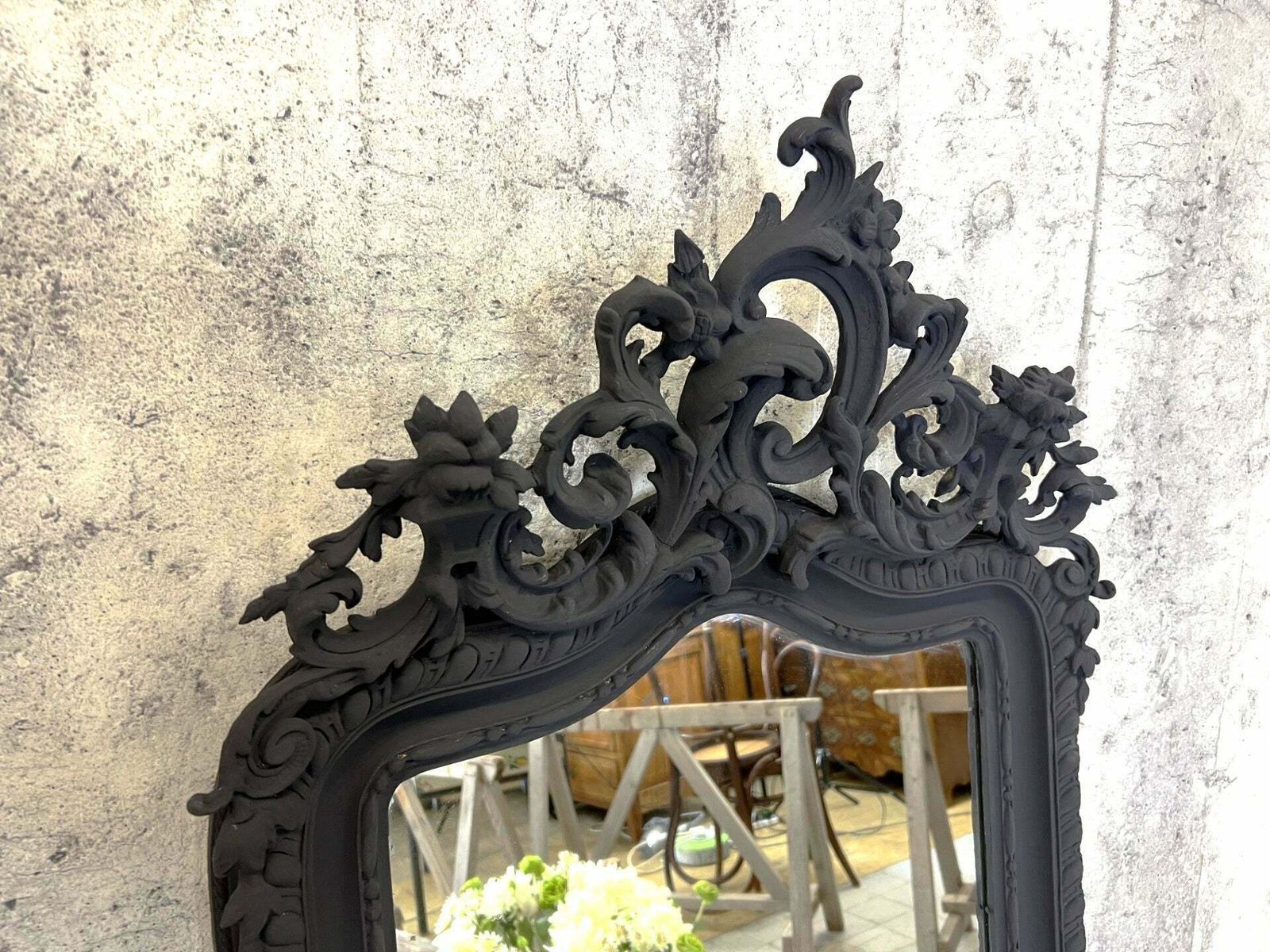 French Crested Black Decorative Over Mantel Mirror photo for sale