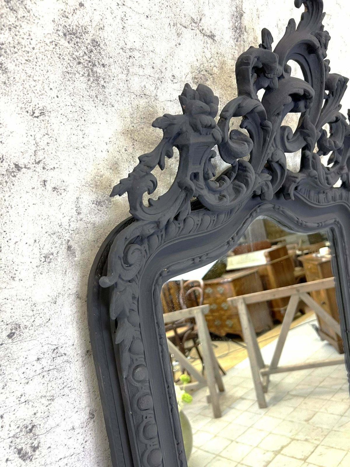 French Crested Black Decorative Over Mantel Mirror photo Home Decor