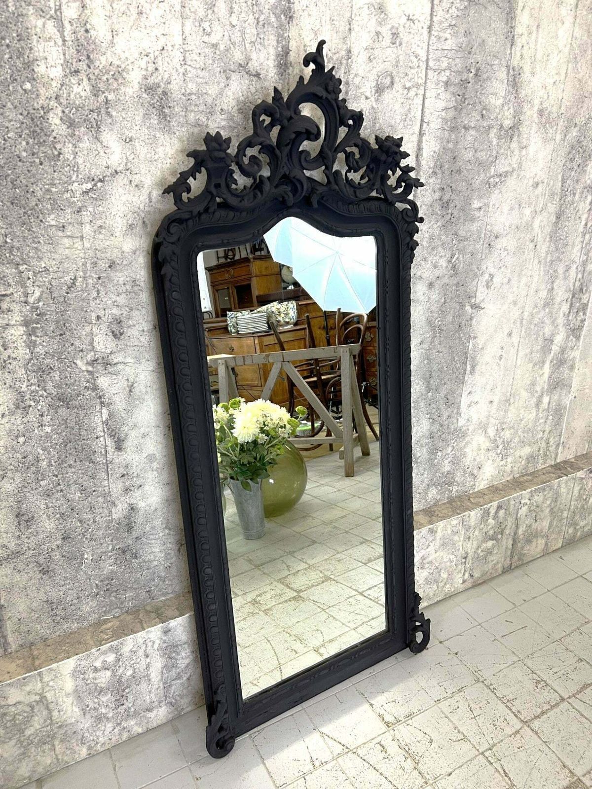 French Crested Black Decorative Over Mantel Mirror photo buy