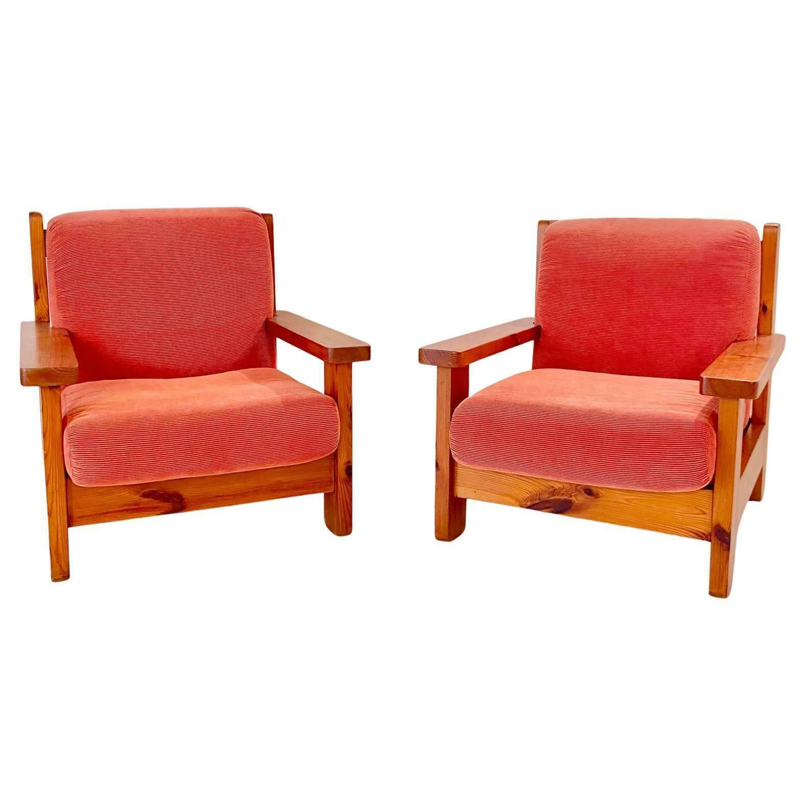 Mid Century Modern Wood And Red Velvet Armchairs, Set Of Two, Italy 1970 photo vintage