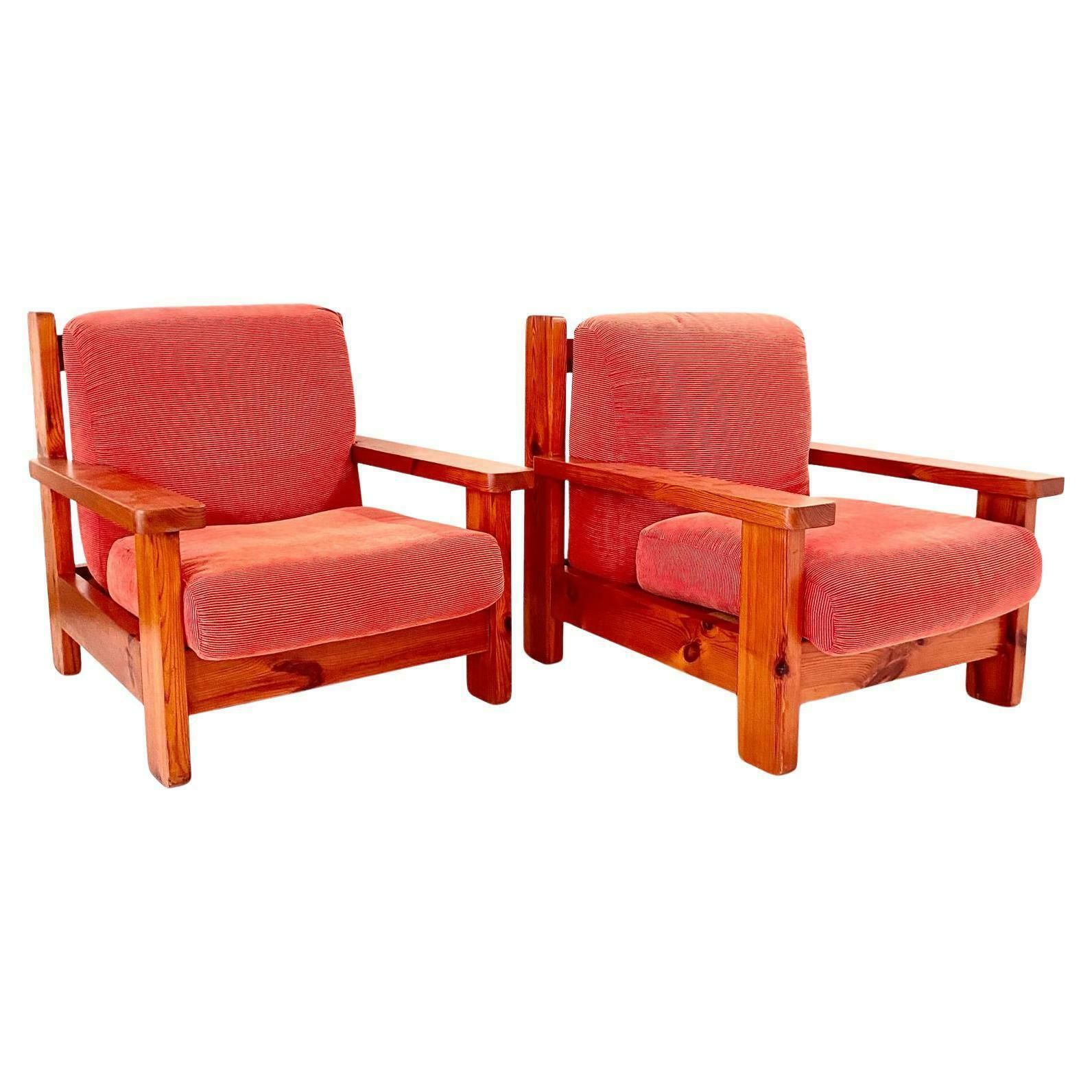 photo for sale Mid Century Modern Wood And Red Velvet Armchairs, Set Of Two, Italy 1970