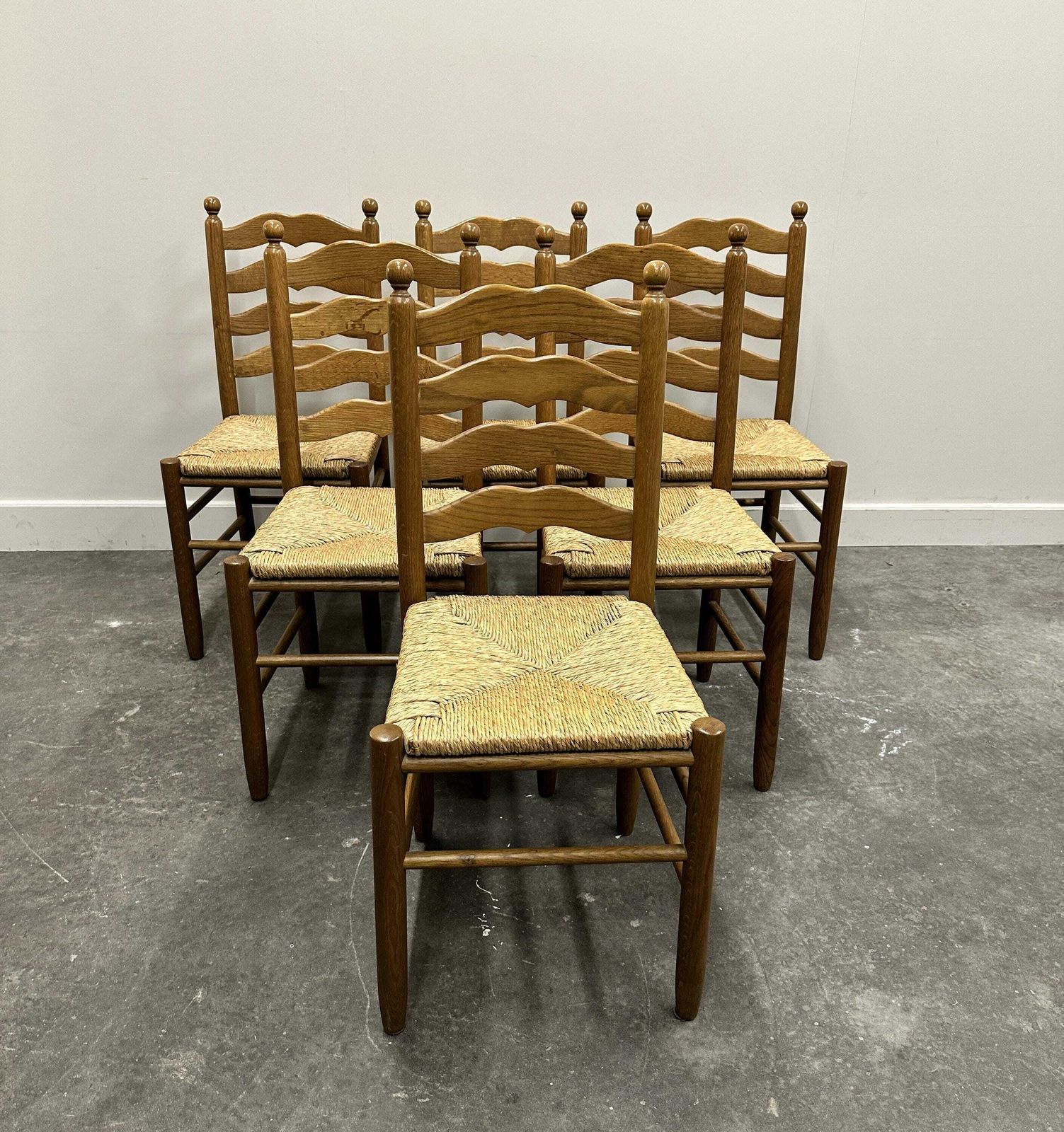 Set Of 6 French Provence Oak Farmhouse Country Dining Chairs Wit Rush Seating, 1970s. photo for sale