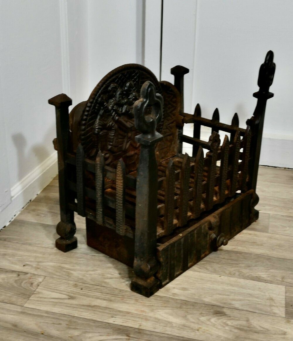 Gothic Style Free Standing Fire Basket With Decorative Back And Ash Pan photo Home Fixtures