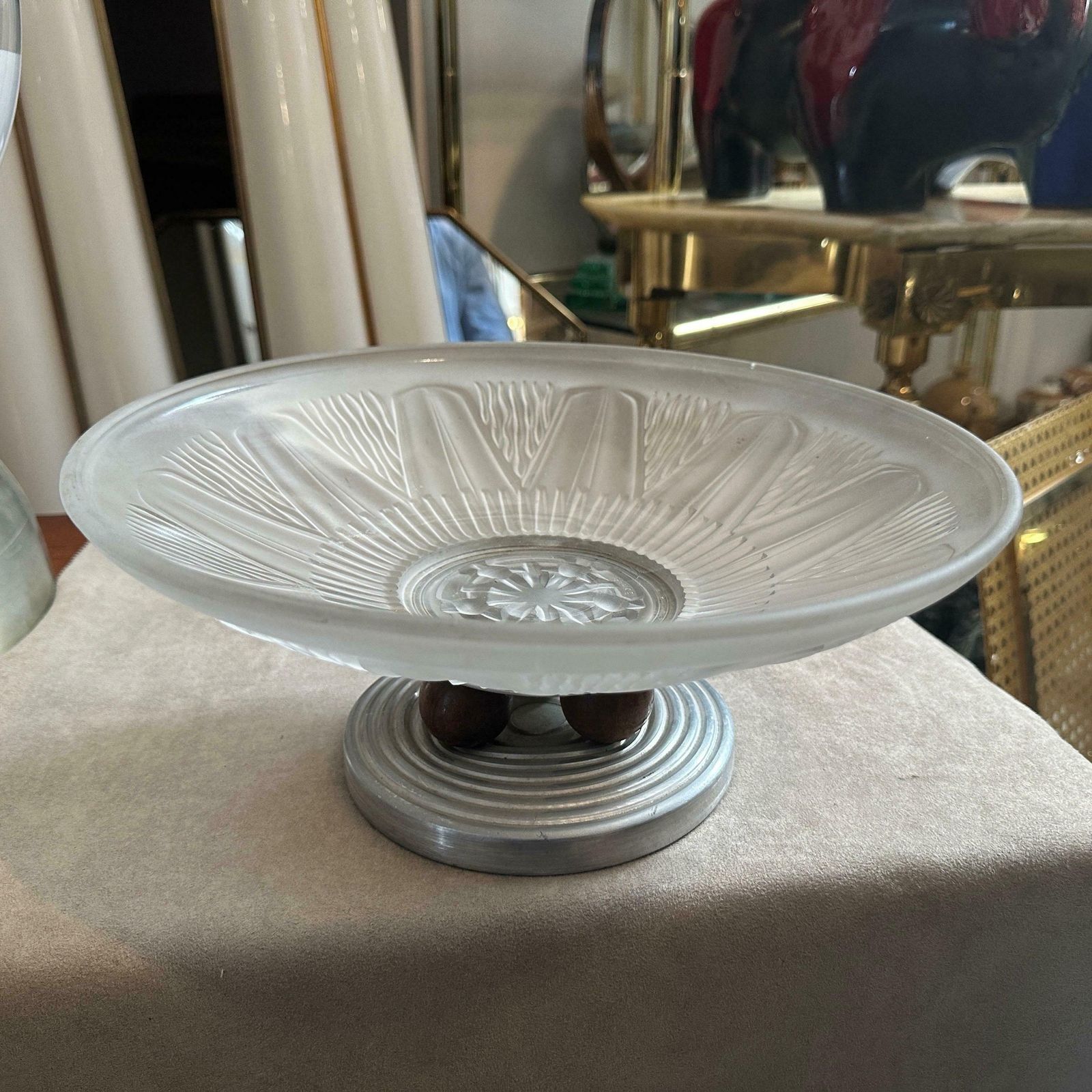 1930s Art Deco Aluminum Wood And Opalescent Glass French Centerpiece photo for sale