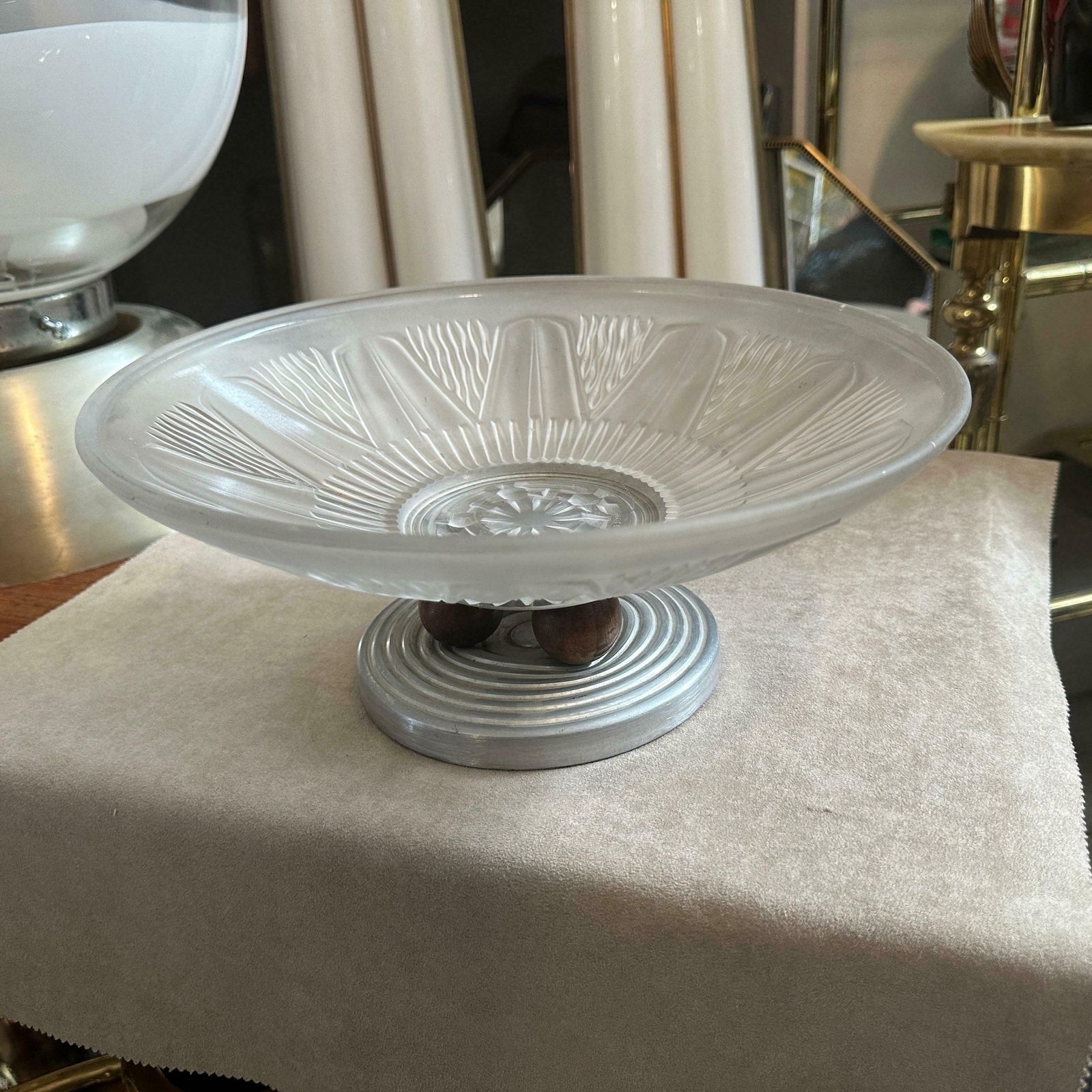 1930s Art Deco Aluminum Wood And Opalescent Glass French Centerpiece photo vintage