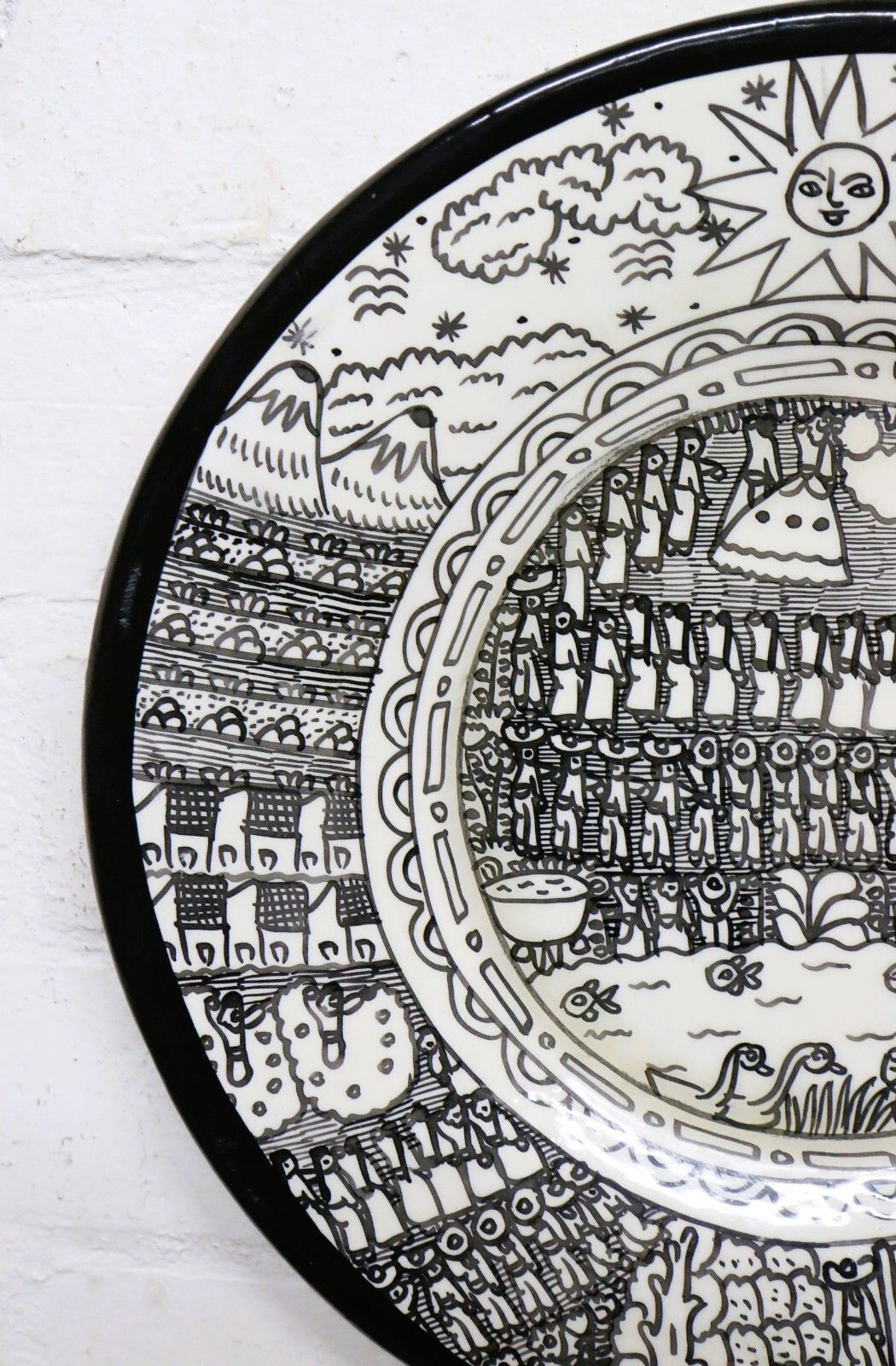 Vintage Mexican Pottery A Striking Black & White Narrative Dish Wall Hanging photo for sale