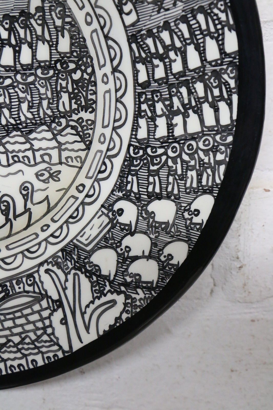 Art Vintage Mexican Pottery A Striking Black & White Narrative Dish Wall Hanging photo