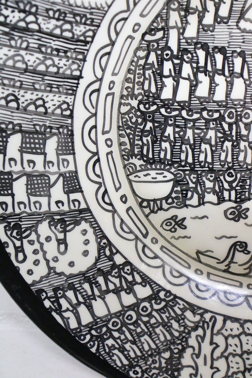 photo buy Vintage Mexican Pottery A Striking Black & White Narrative Dish Wall Hanging