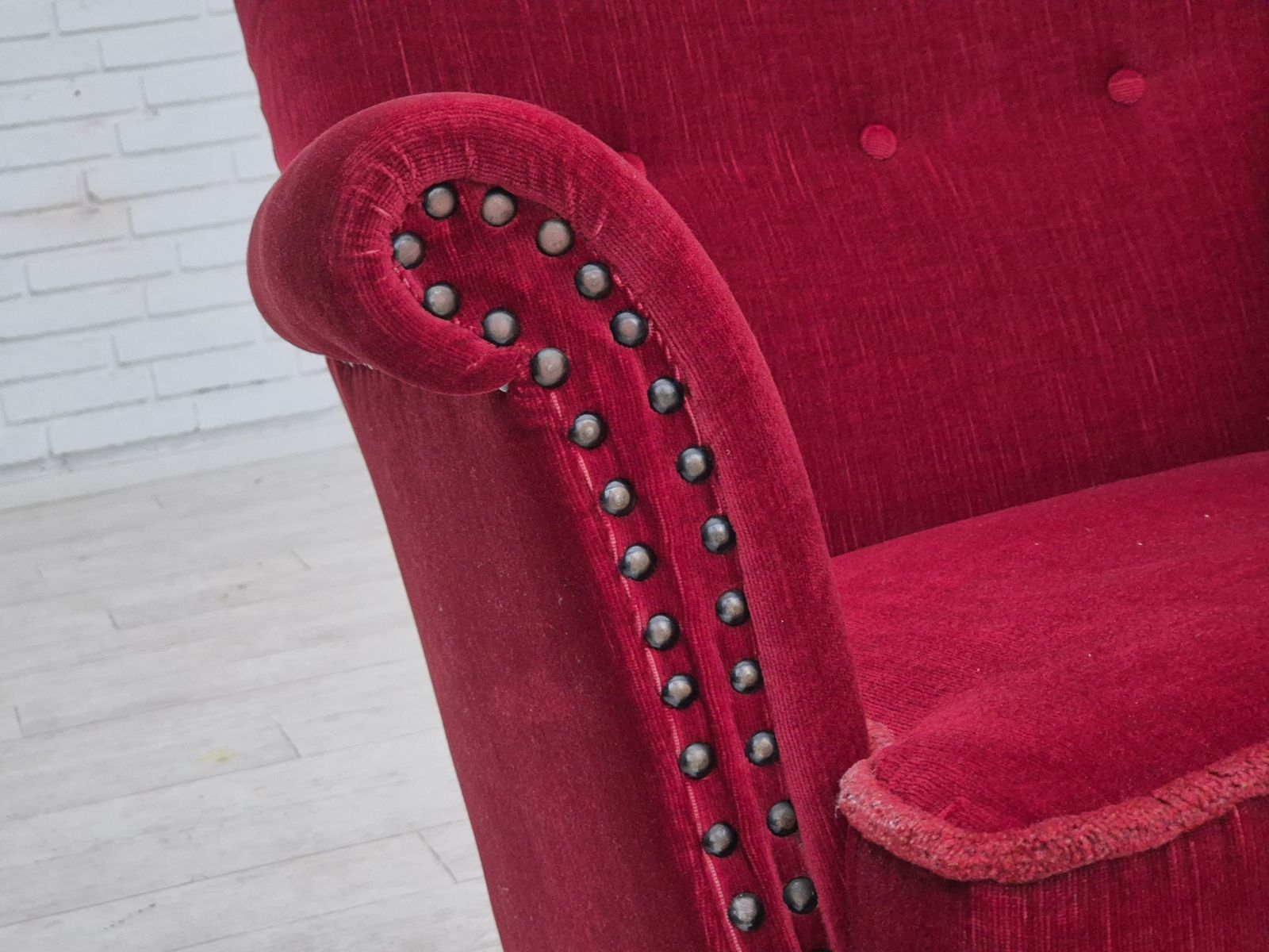 1970s, Danish Lounge Chair, Original Condition, Cherry Red Velour Fabric. photo vinterior