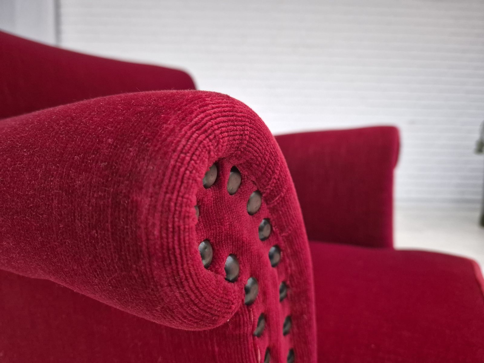 photo for sale 1970s, Danish Lounge Chair, Original Condition, Cherry Red Velour Fabric.