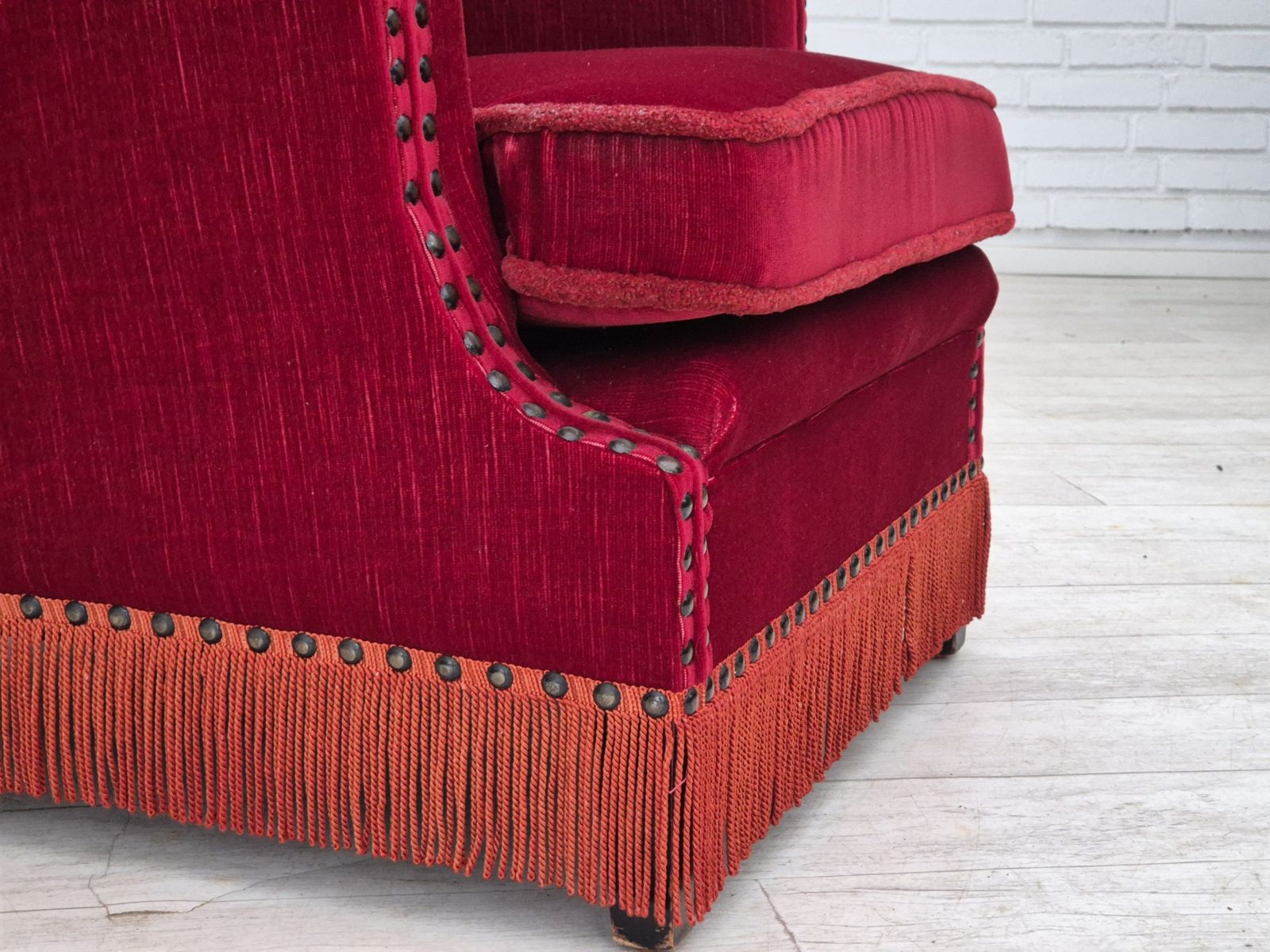 Furniture 1970s, Danish Lounge Chair, Original Condition, Cherry Red Velour Fabric. photo