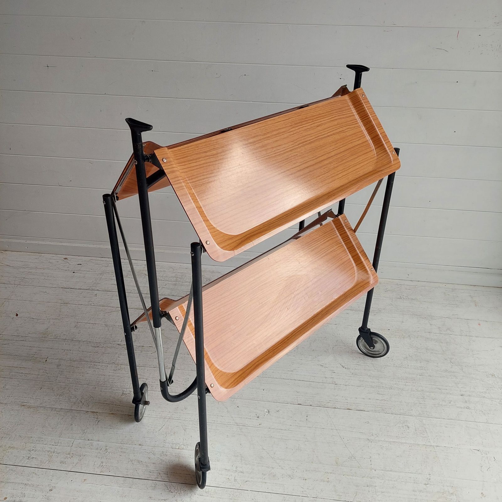 Furniture Mid Century Foldable Serving Teak Formica Trolley 2 Tier Bar Cart, 1960s photo